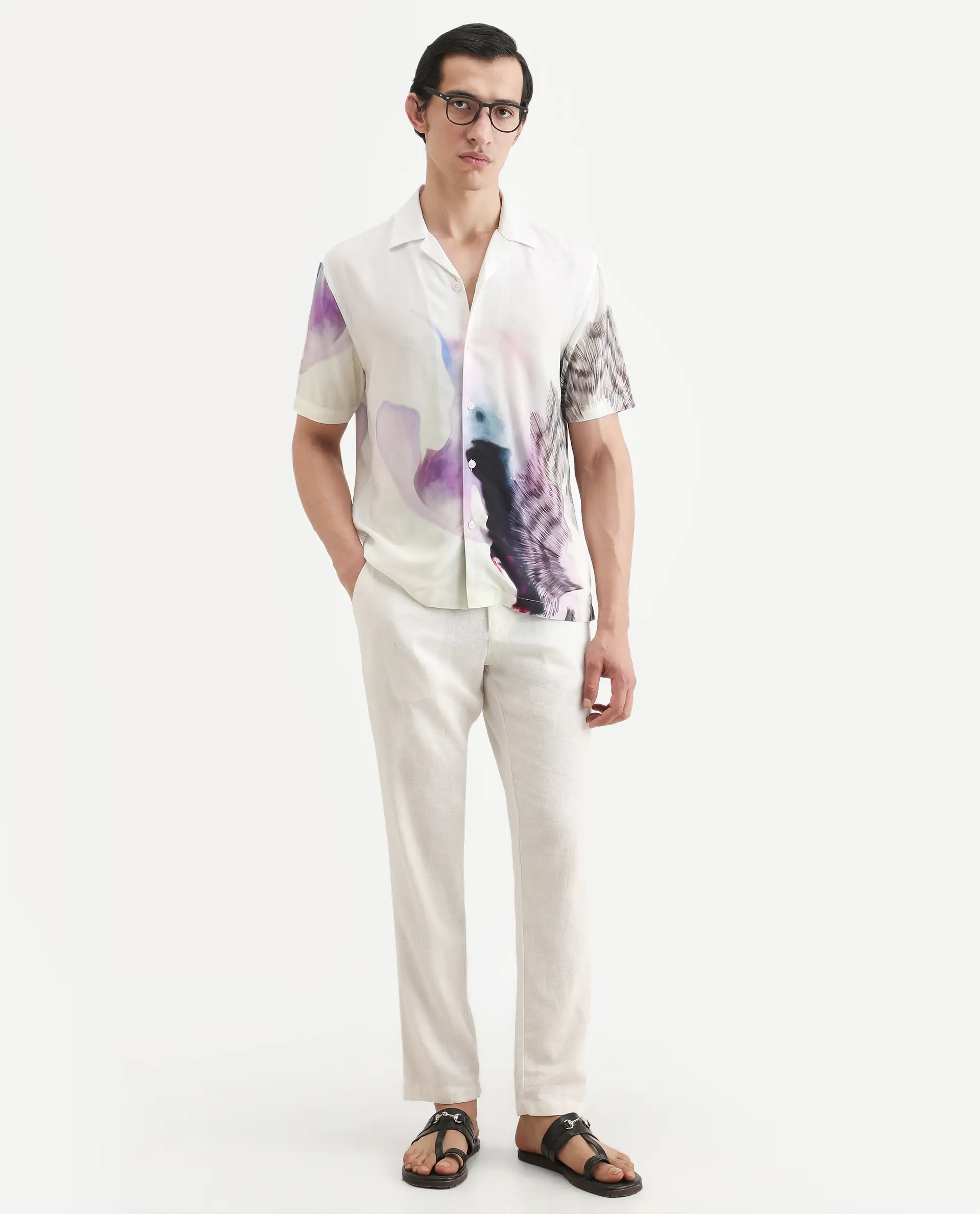 Rare Rabbit Men's Vyrn White Viscose Fabric Half Sleeve Cuban Collar Regular Fit Abstract Print Shirt - Image 2