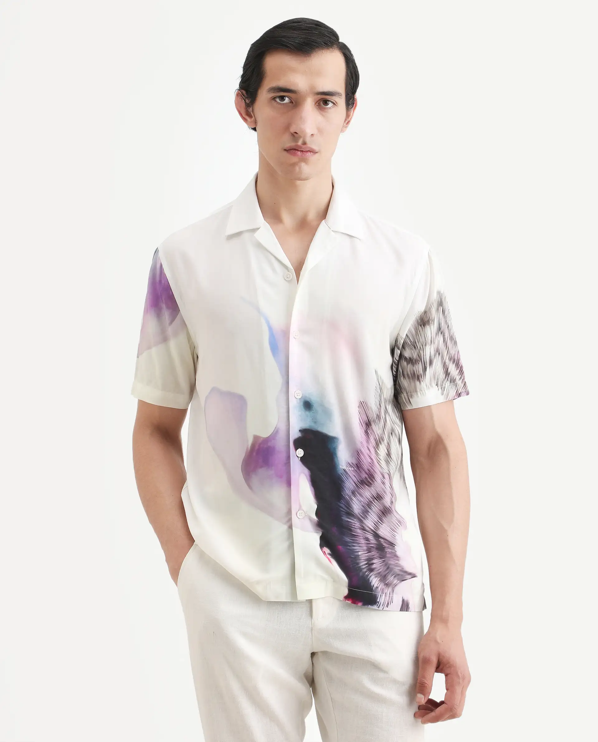Rare Rabbit Men's Vyrn White Viscose Fabric Half Sleeve Cuban Collar Regular Fit Abstract Print Shirt - Image 3