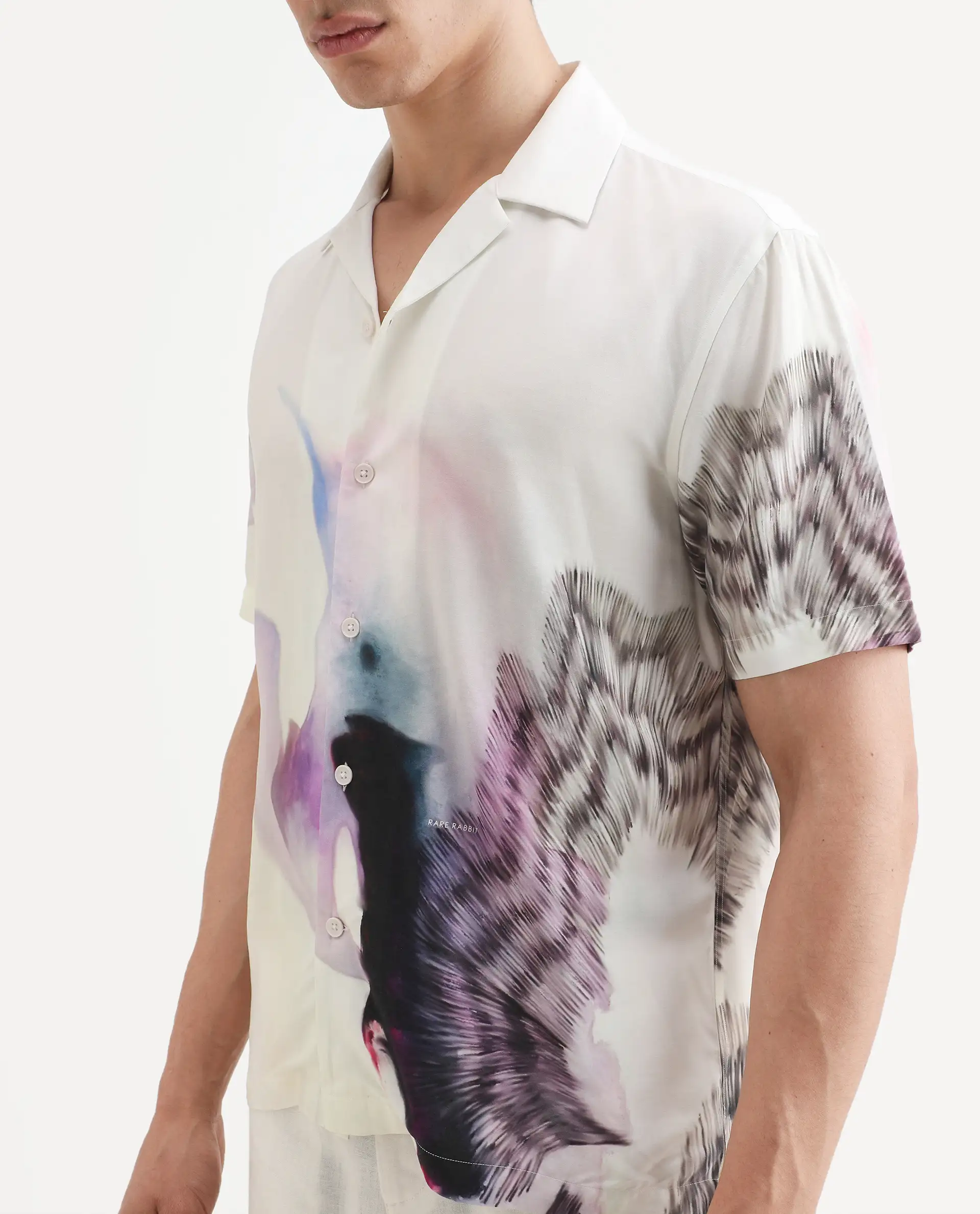 Rare Rabbit Men's Vyrn White Viscose Fabric Half Sleeve Cuban Collar Regular Fit Abstract Print Shirt - Image 4