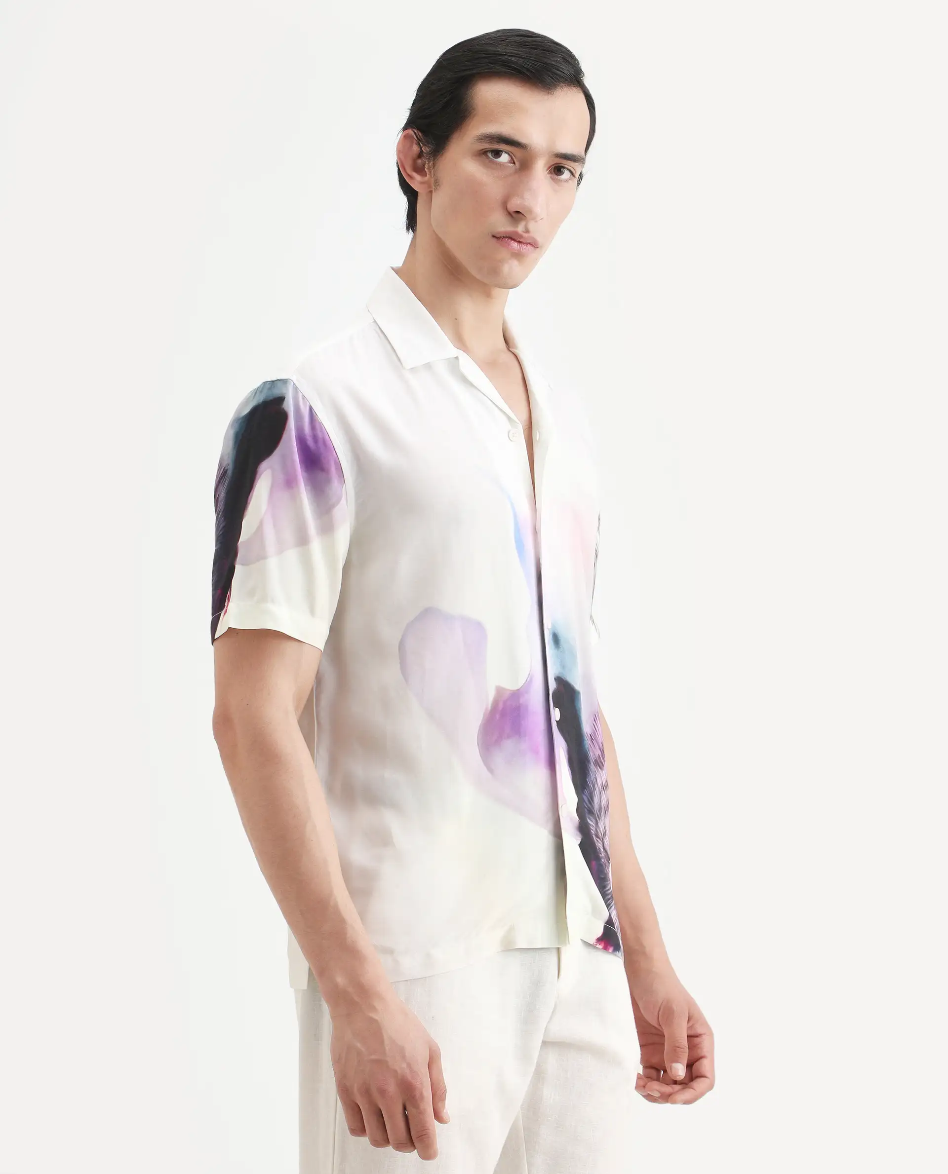 Rare Rabbit Men's Vyrn White Viscose Fabric Half Sleeve Cuban Collar Regular Fit Abstract Print Shirt - Image 5