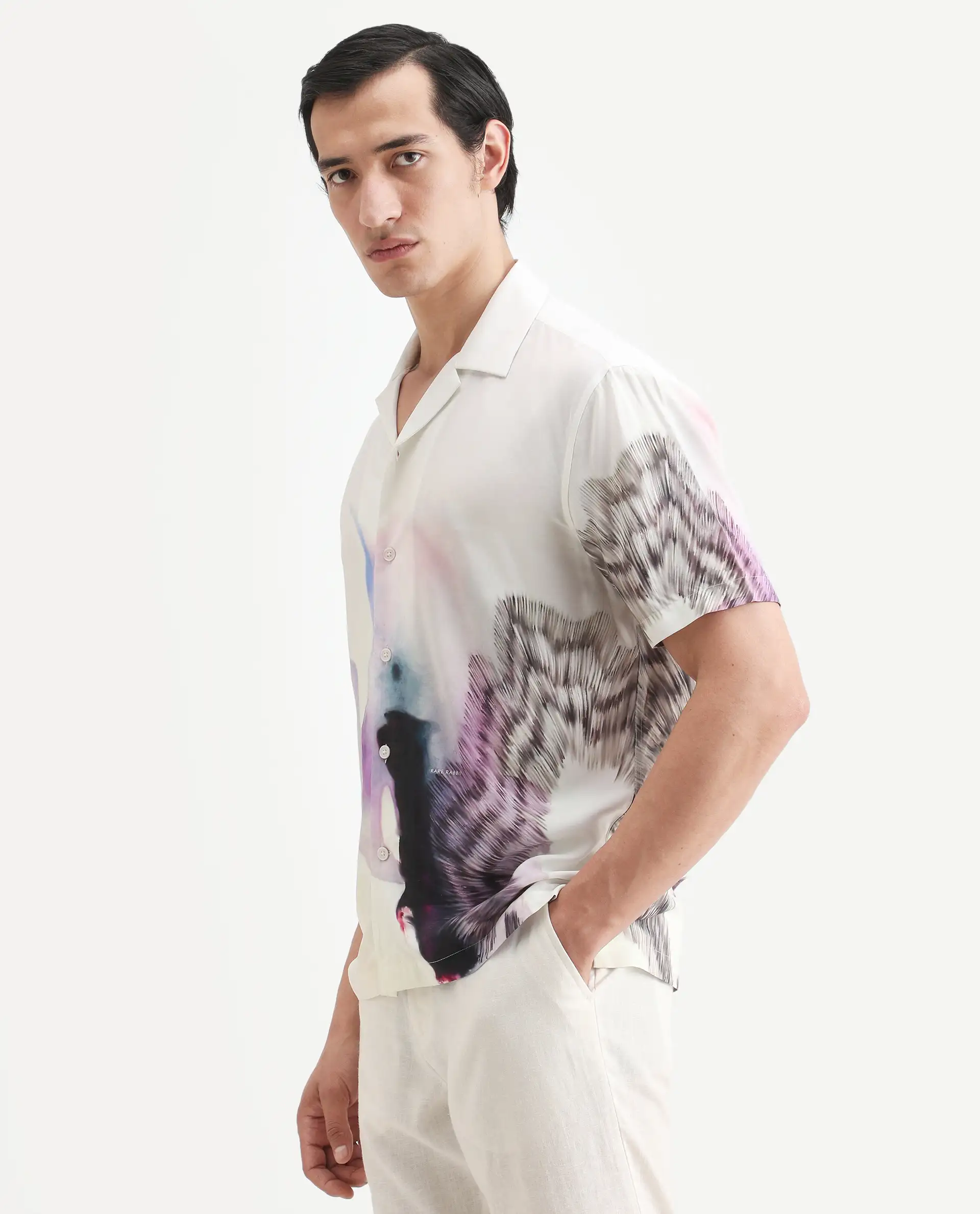 Rare Rabbit Men's Vyrn White Viscose Fabric Half Sleeve Cuban Collar Regular Fit Abstract Print Shirt - Image 6