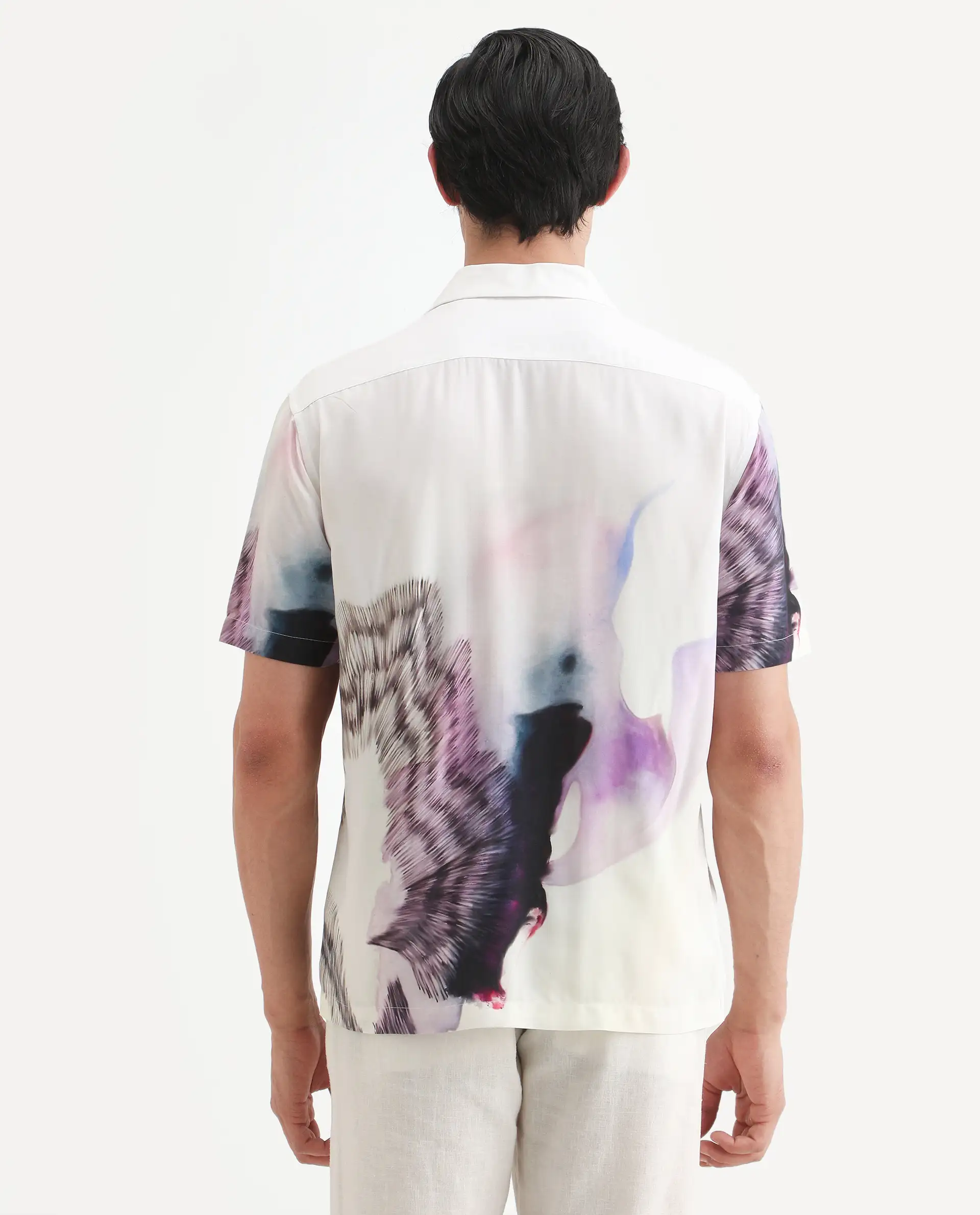 Rare Rabbit Men's Vyrn White Viscose Fabric Half Sleeve Cuban Collar Regular Fit Abstract Print Shirt - Image 7