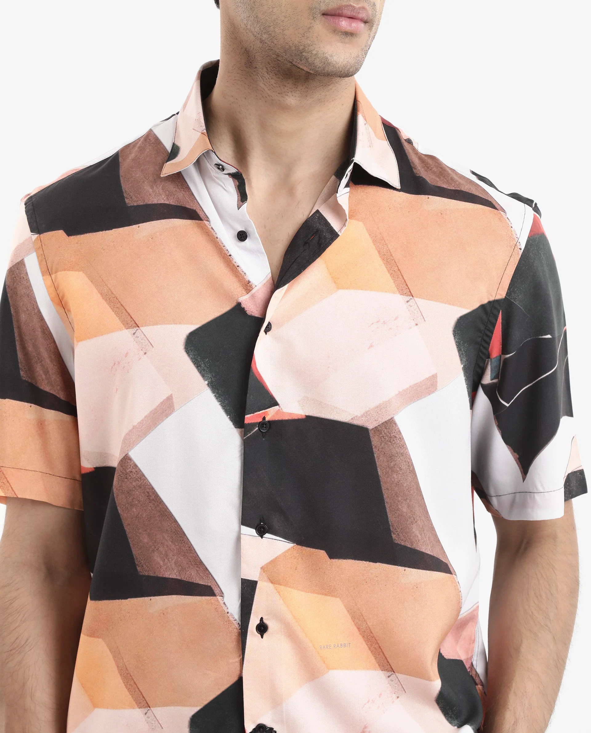 Rare Rabbit Men's Wabe Black Viscose Abstract Print Boxy Fit Half Sleeve Collared Shirt - Image 4