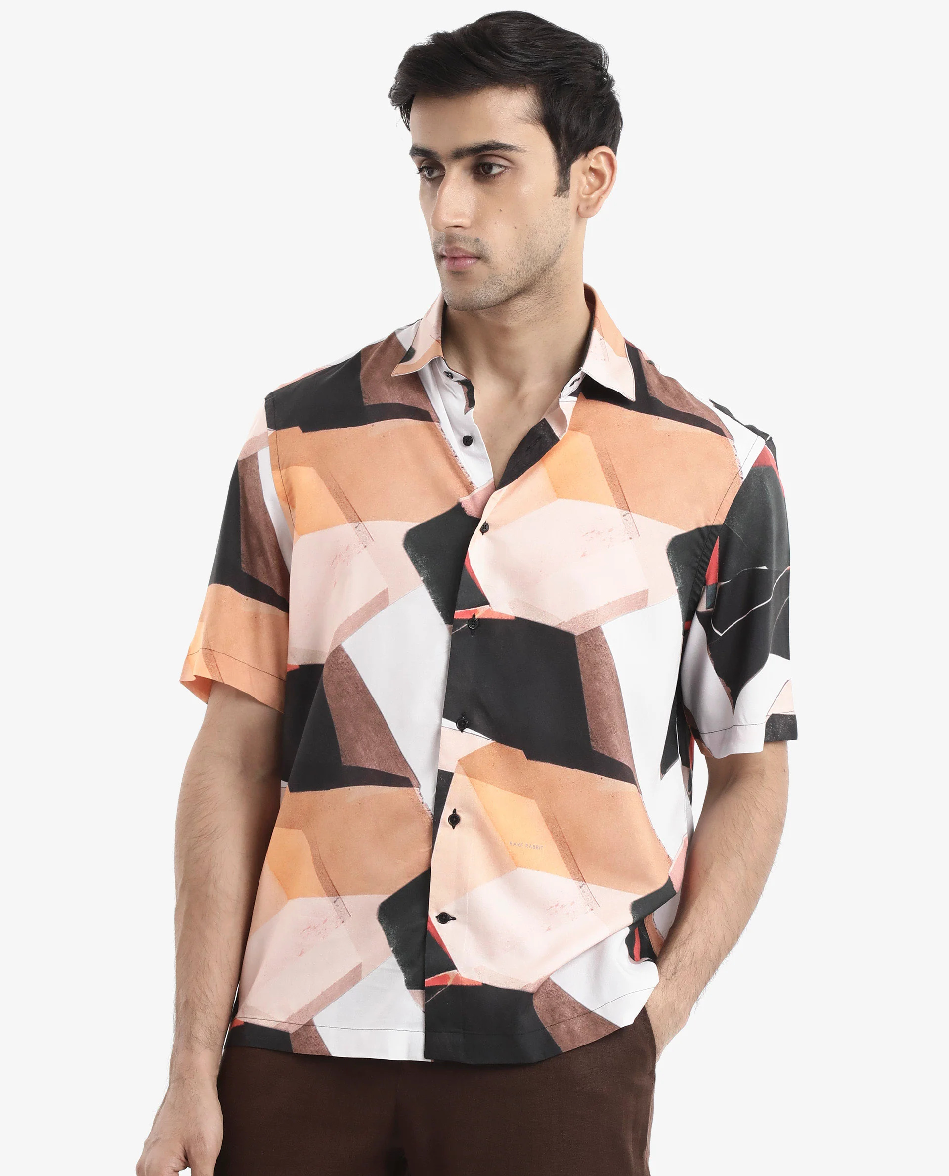 Rare Rabbit Men's Wabe Black Viscose Abstract Print Boxy Fit Half Sleeve Collared Shirt - Image 8