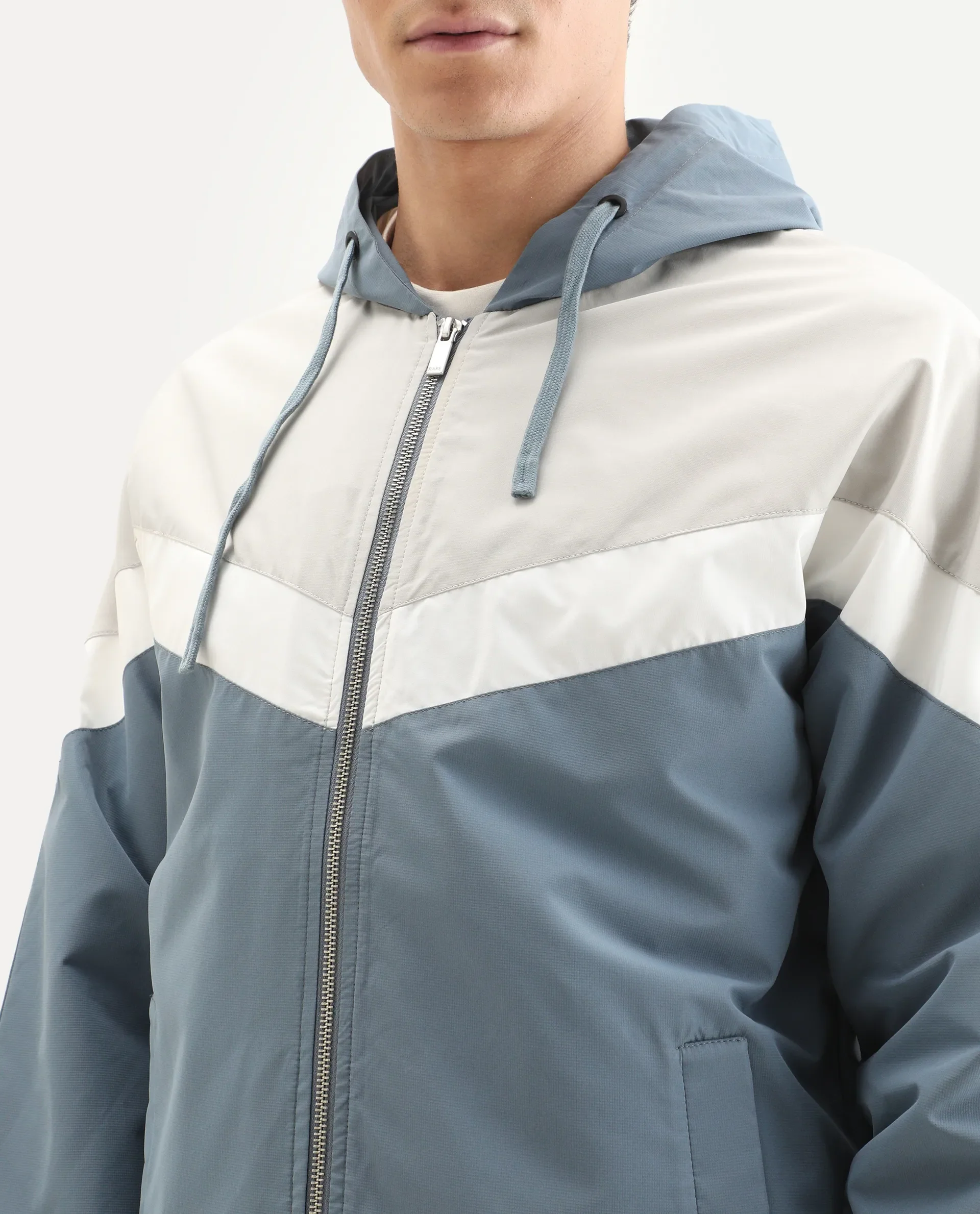 Rare Rabbit Men's Waber Light Blue Polyester Cut And Sew Regular Fit Full Sleeve Hooded Jacket - Image 2