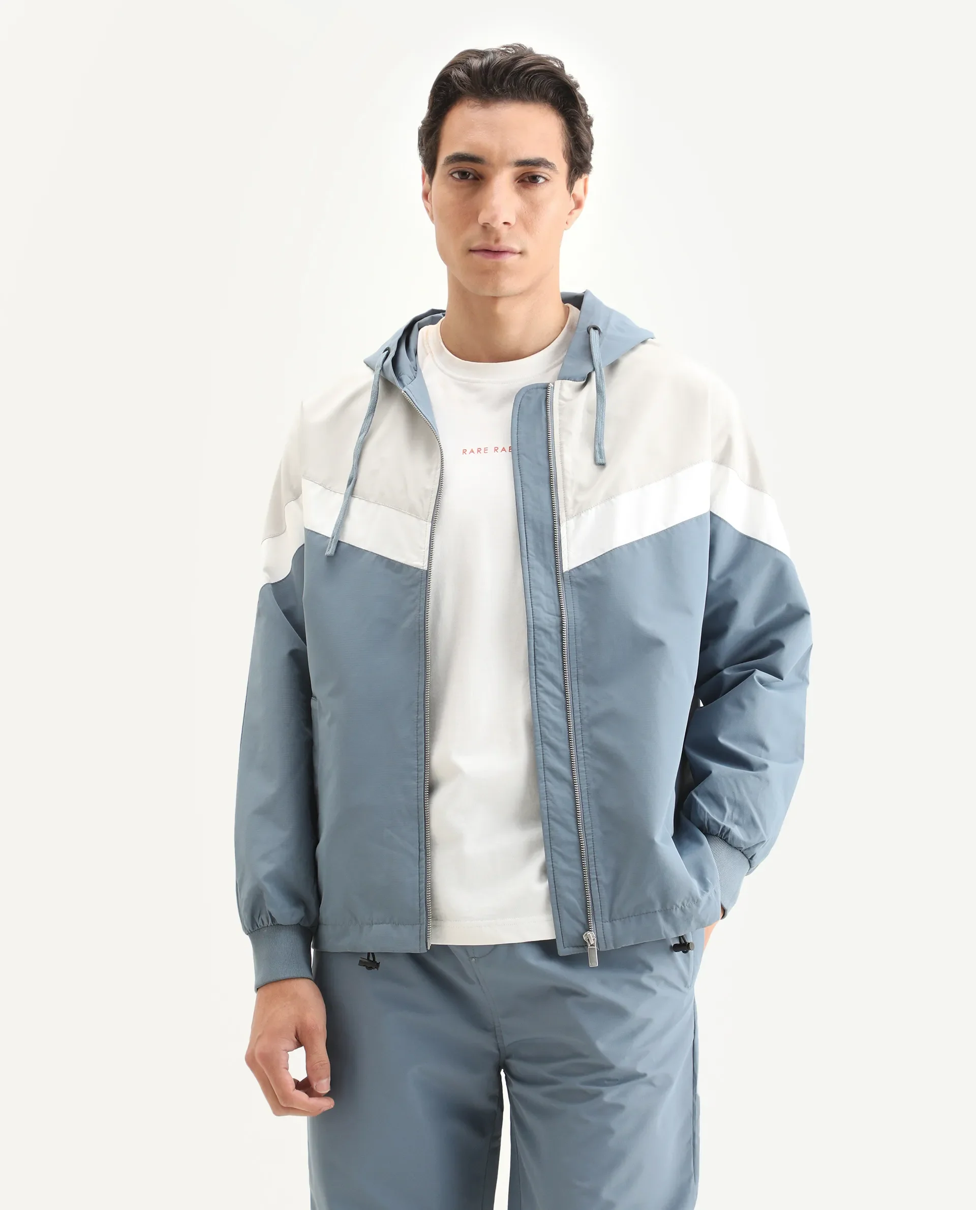 Rare Rabbit Men's Waber Light Blue Polyester Cut And Sew Regular Fit Full Sleeve Hooded Jacket - Image 3
