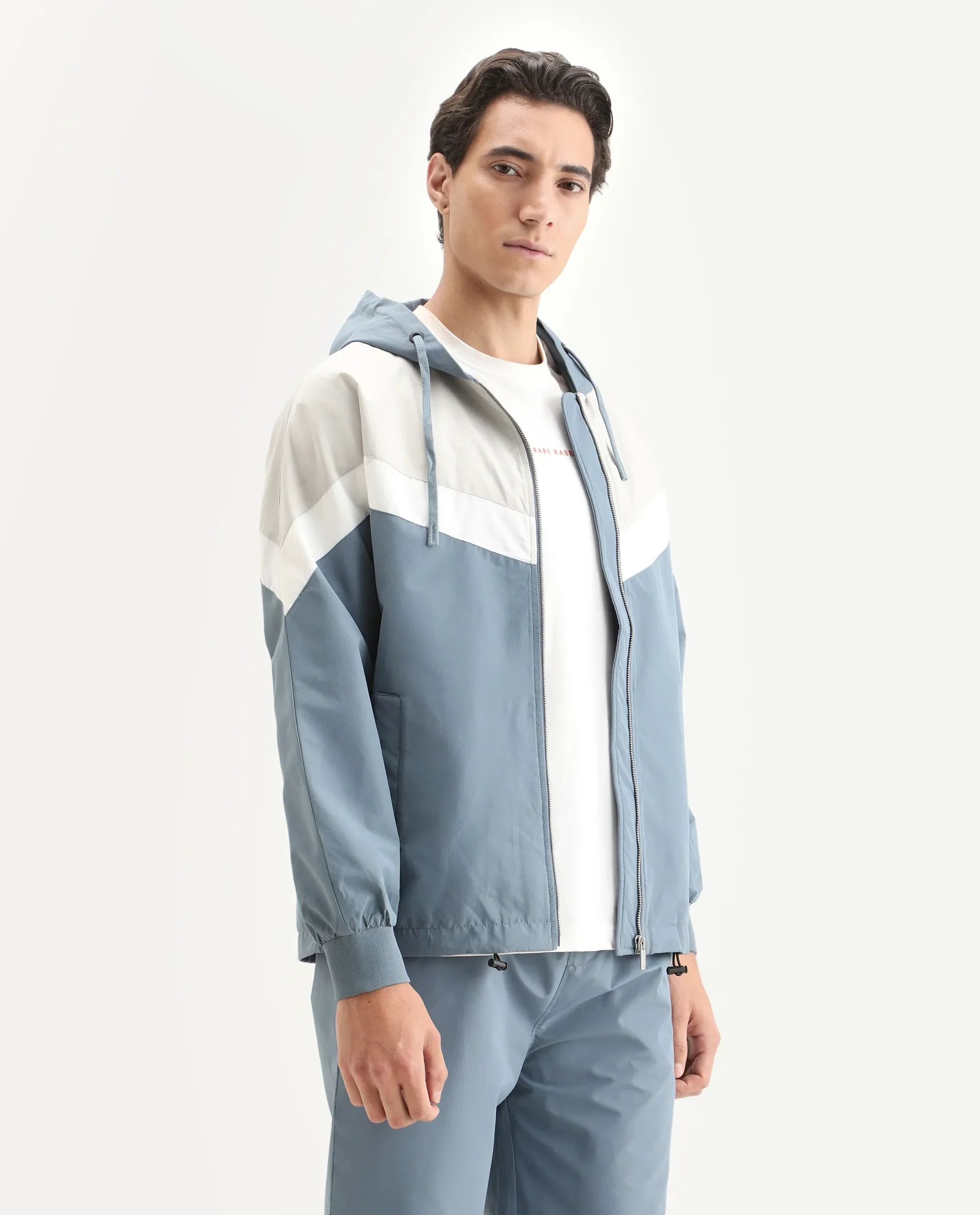 Rare Rabbit Men's Waber Light Blue Polyester Cut And Sew Regular Fit Full Sleeve Hooded Jacket - Image 5
