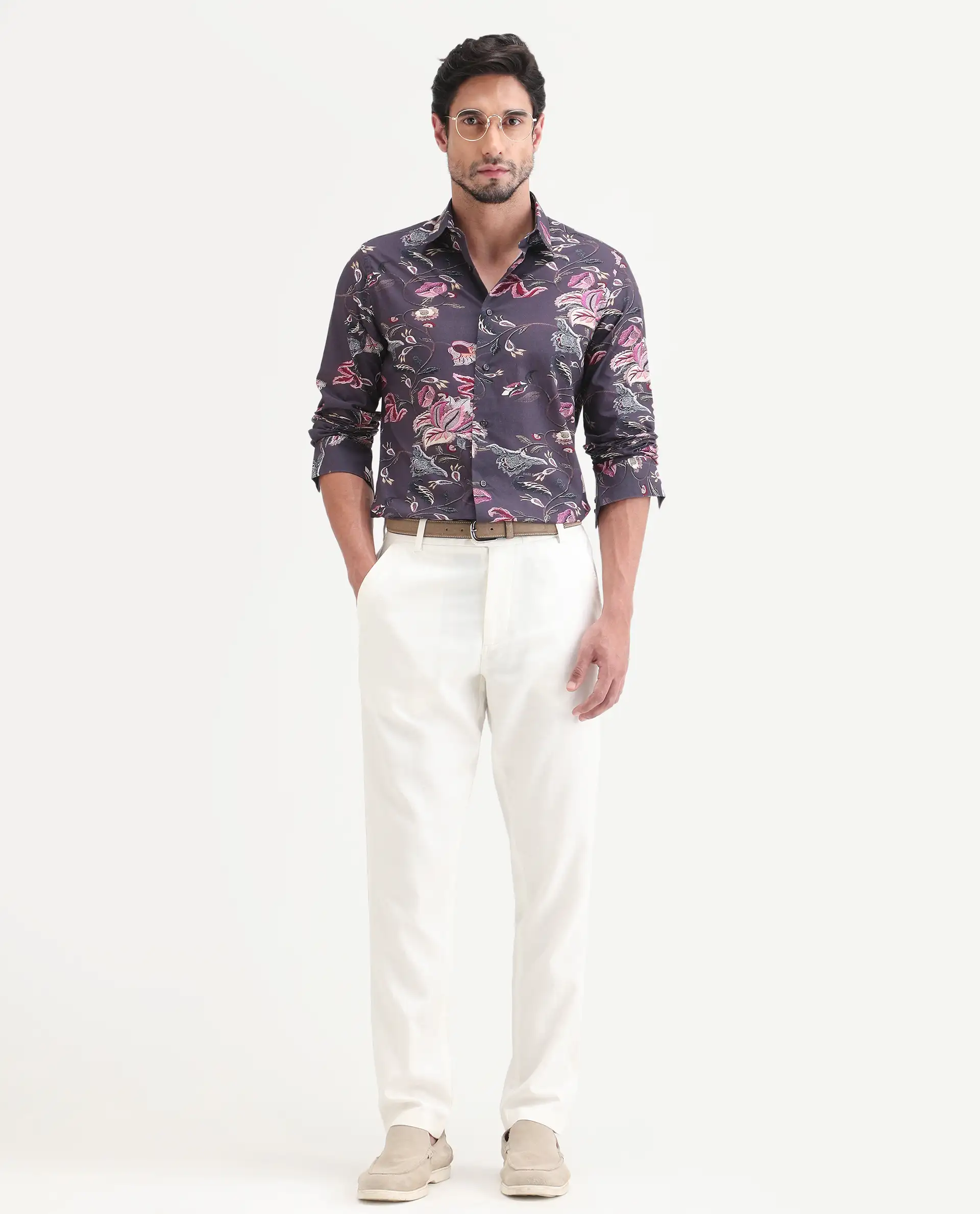Rare Rabbit Men's Wade Dusky Purple Cotton Fabric Full Sleeve Spread Collar Button Regular Fit Floral Print Shirt - Image 2