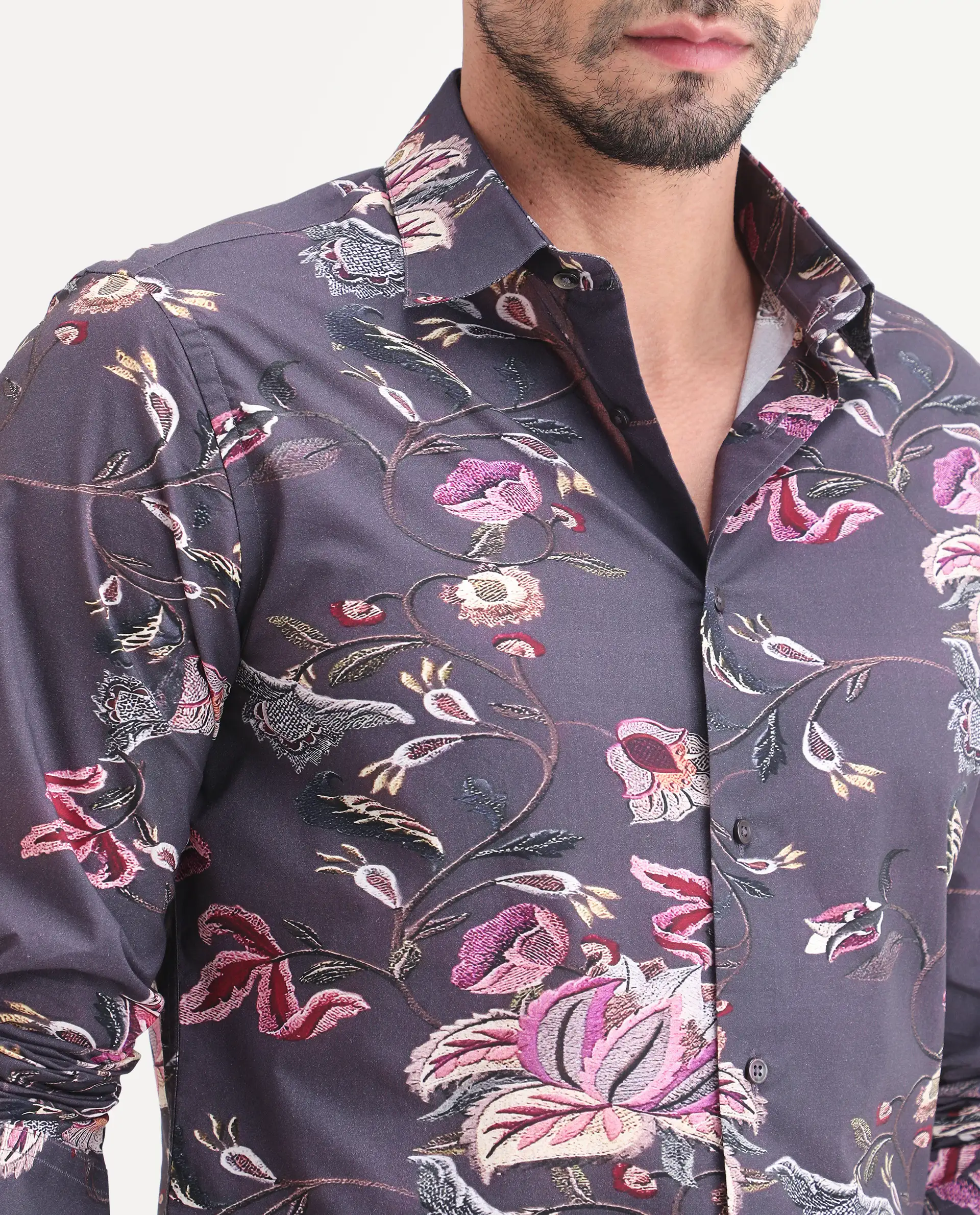 Rare Rabbit Men's Wade Dusky Purple Cotton Fabric Full Sleeve Spread Collar Button Regular Fit Floral Print Shirt - Image 3