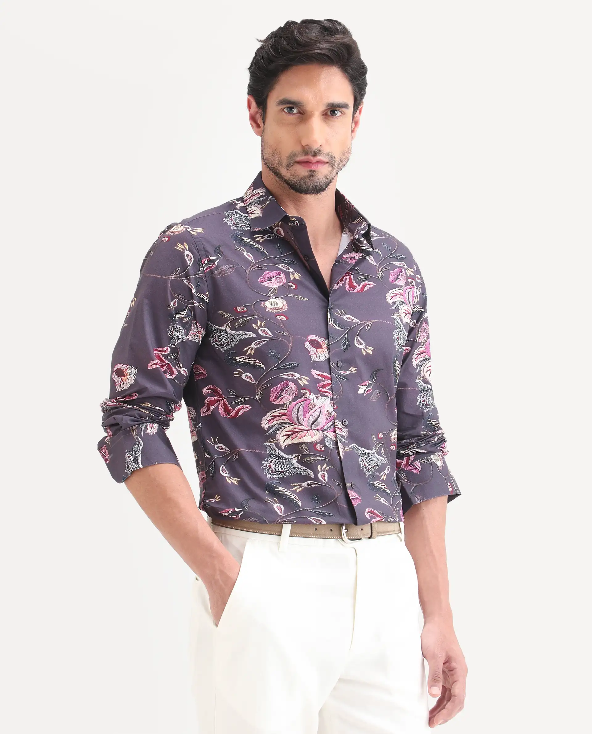Rare Rabbit Men's Wade Dusky Purple Cotton Fabric Full Sleeve Spread Collar Button Regular Fit Floral Print Shirt - Image 5