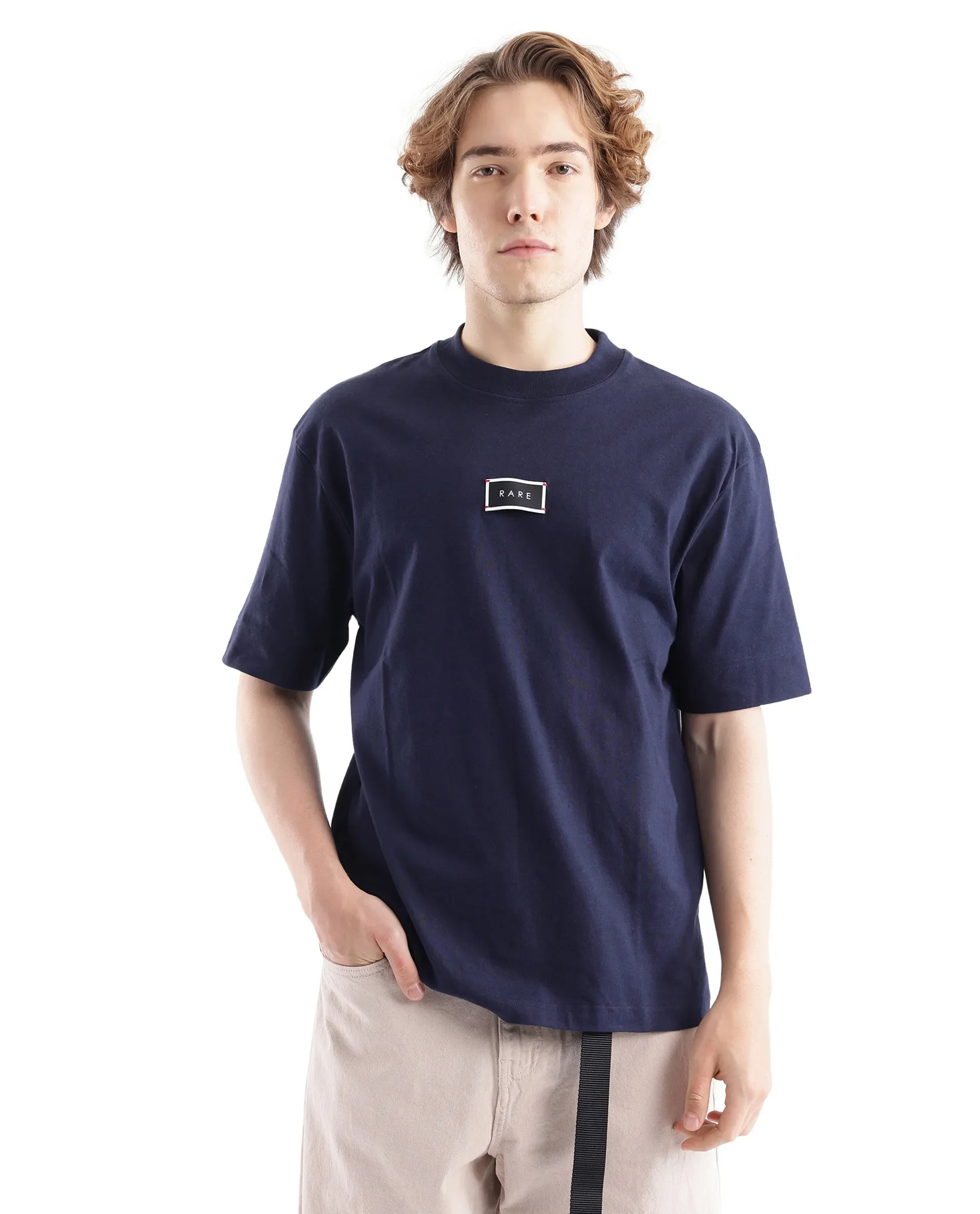 Rare Rabbit Men's Wadet Navy Cotton Typography Print Boxy Fit Half Sleeve Crew Neck T-Shirt - Image 2