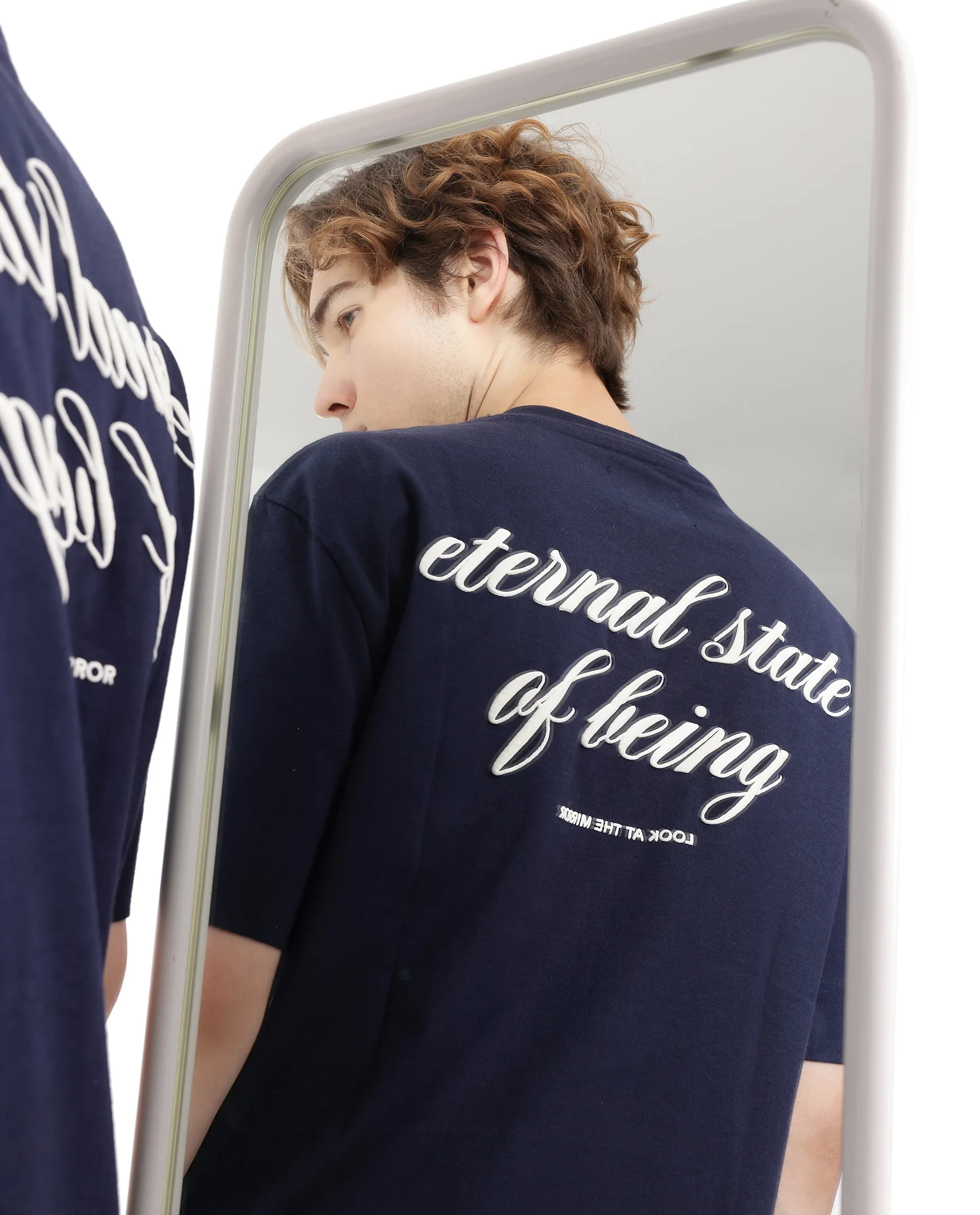 Rare Rabbit Men's Wadet Navy Cotton Typography Print Boxy Fit Half Sleeve Crew Neck T-Shirt - Image 6