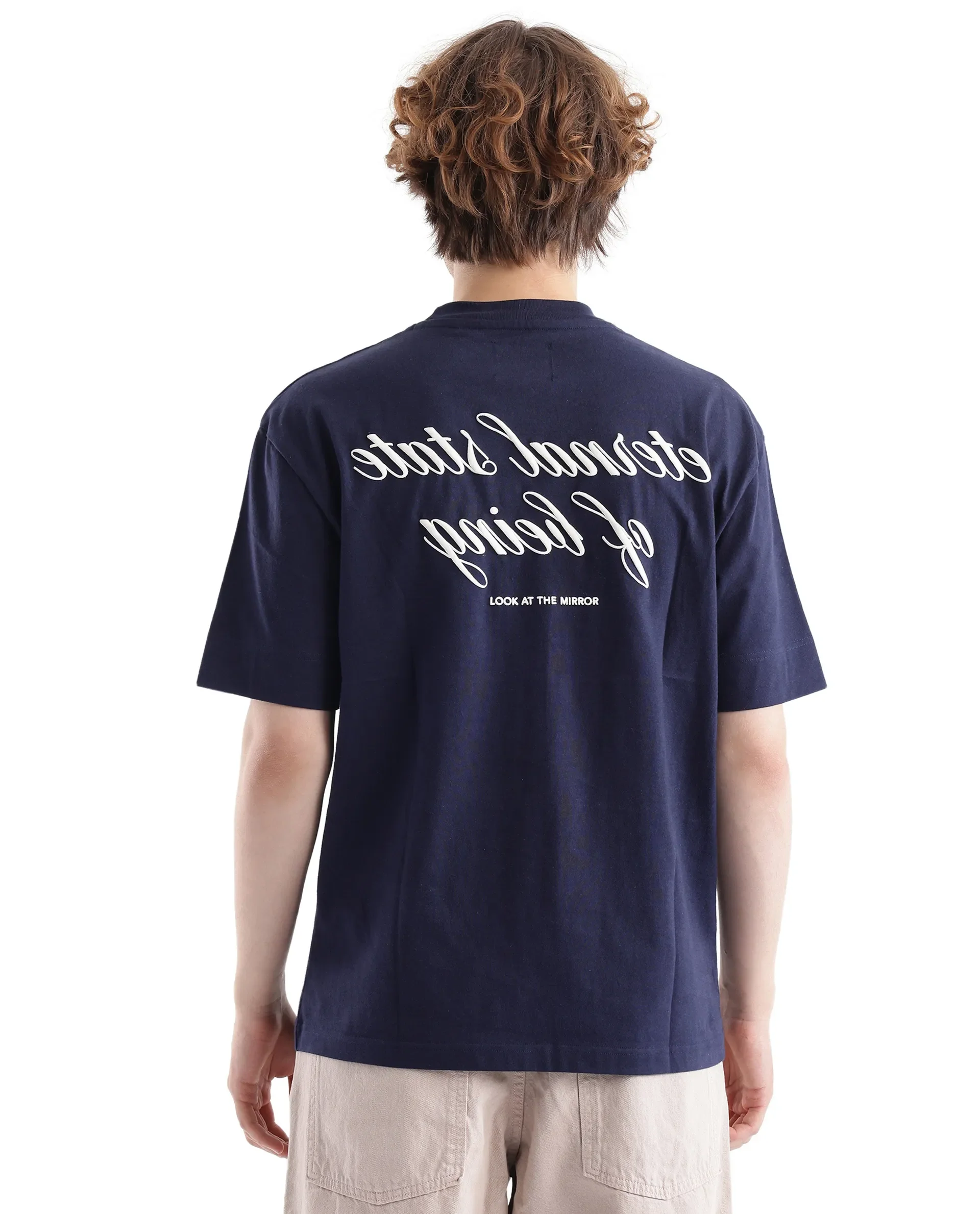 Rare Rabbit Men's Wadet Navy Cotton Typography Print Boxy Fit Half Sleeve Crew Neck T-Shirt - Image 7