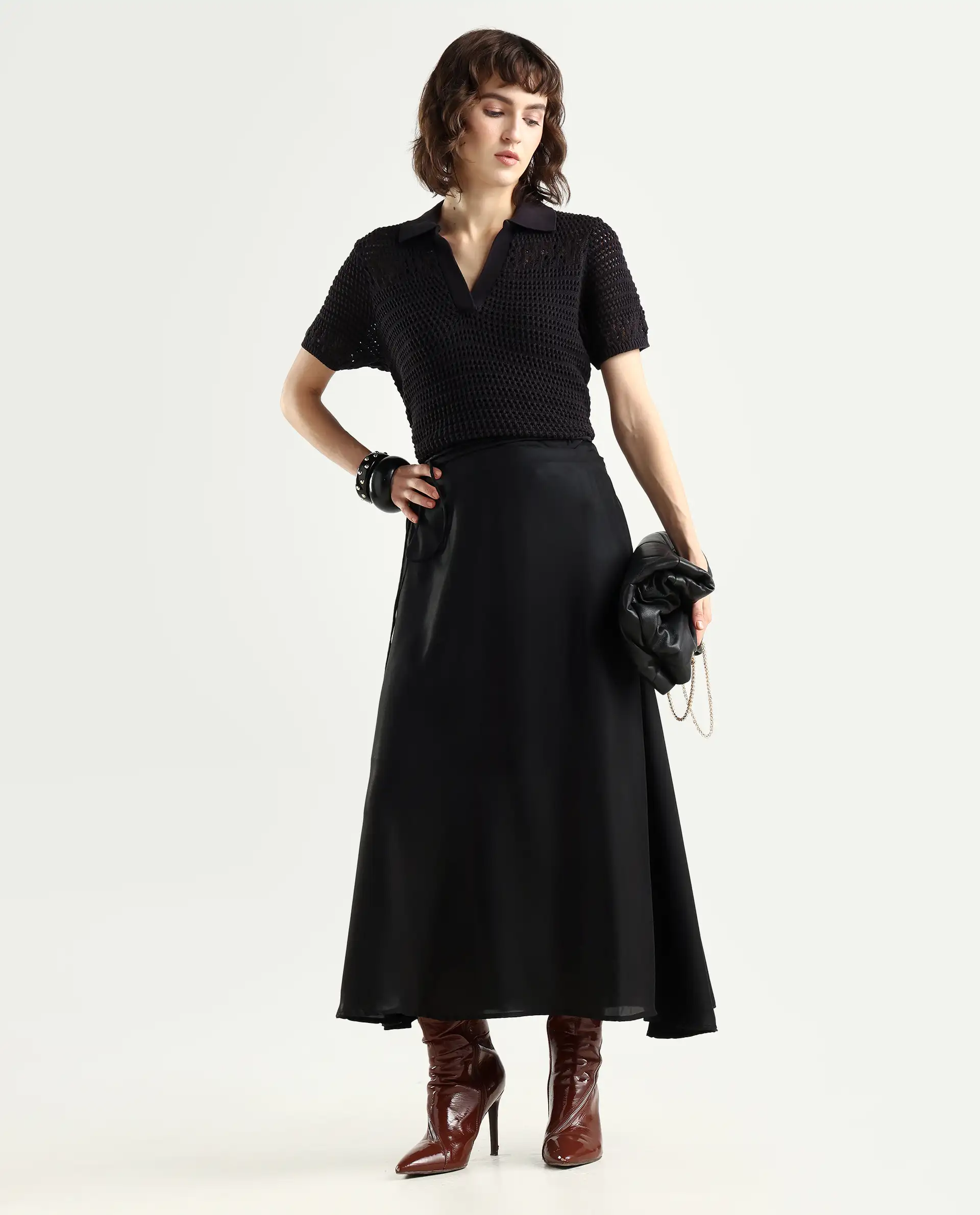 Rareism Women's Wagna Black Polyester Plain Maxi Flared Skirt - Image 4