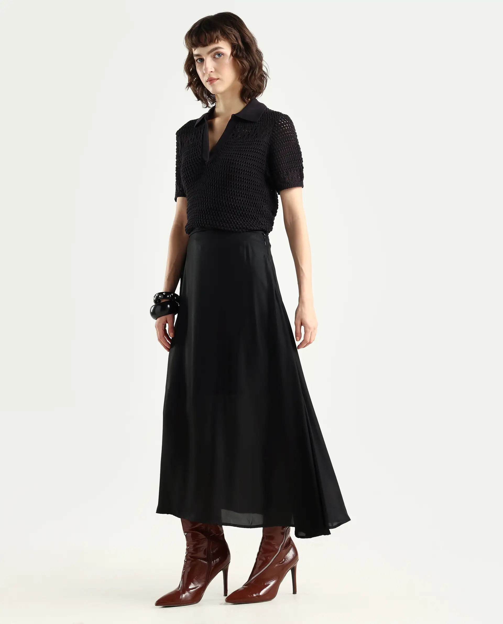 Rareism Women's Wagna Black Polyester Plain Maxi Flared Skirt - Image 5