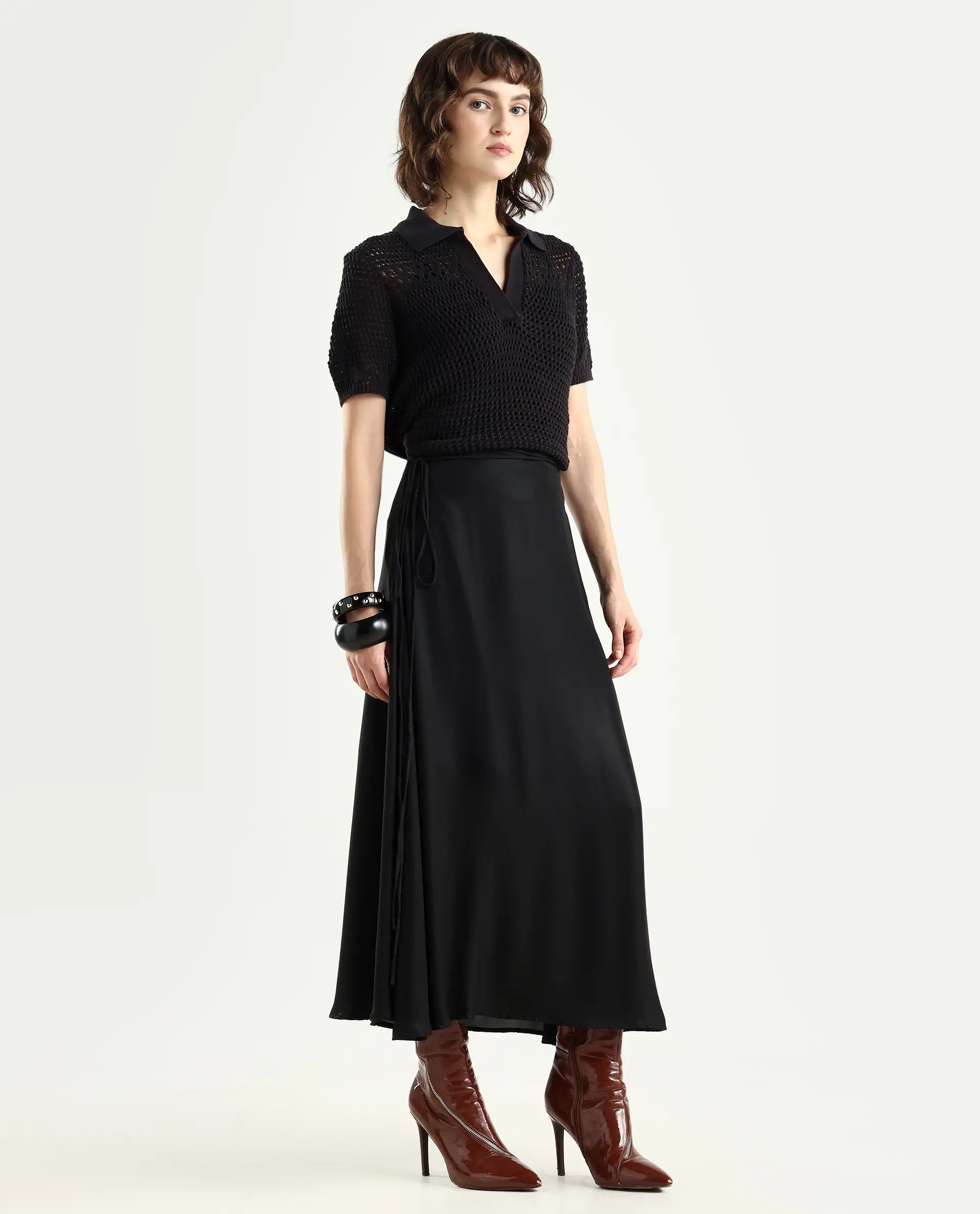 Rareism Women's Wagna Black Polyester Plain Maxi Flared Skirt - Image 6