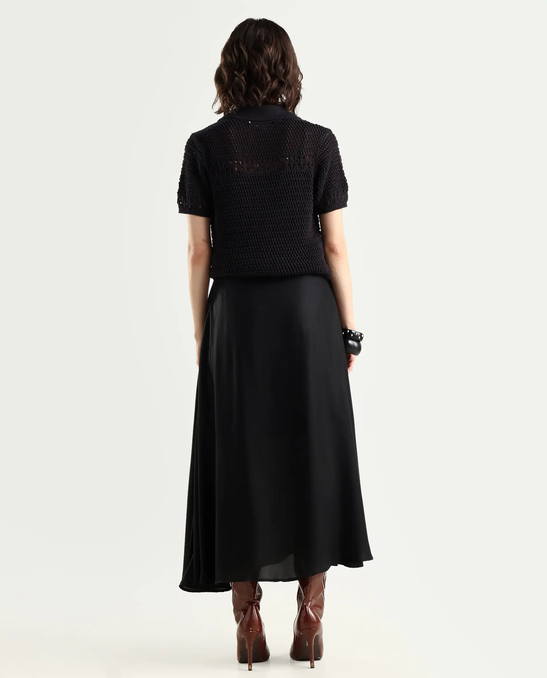 Rareism Women's Wagna Black Polyester Plain Maxi Flared Skirt - Image 7