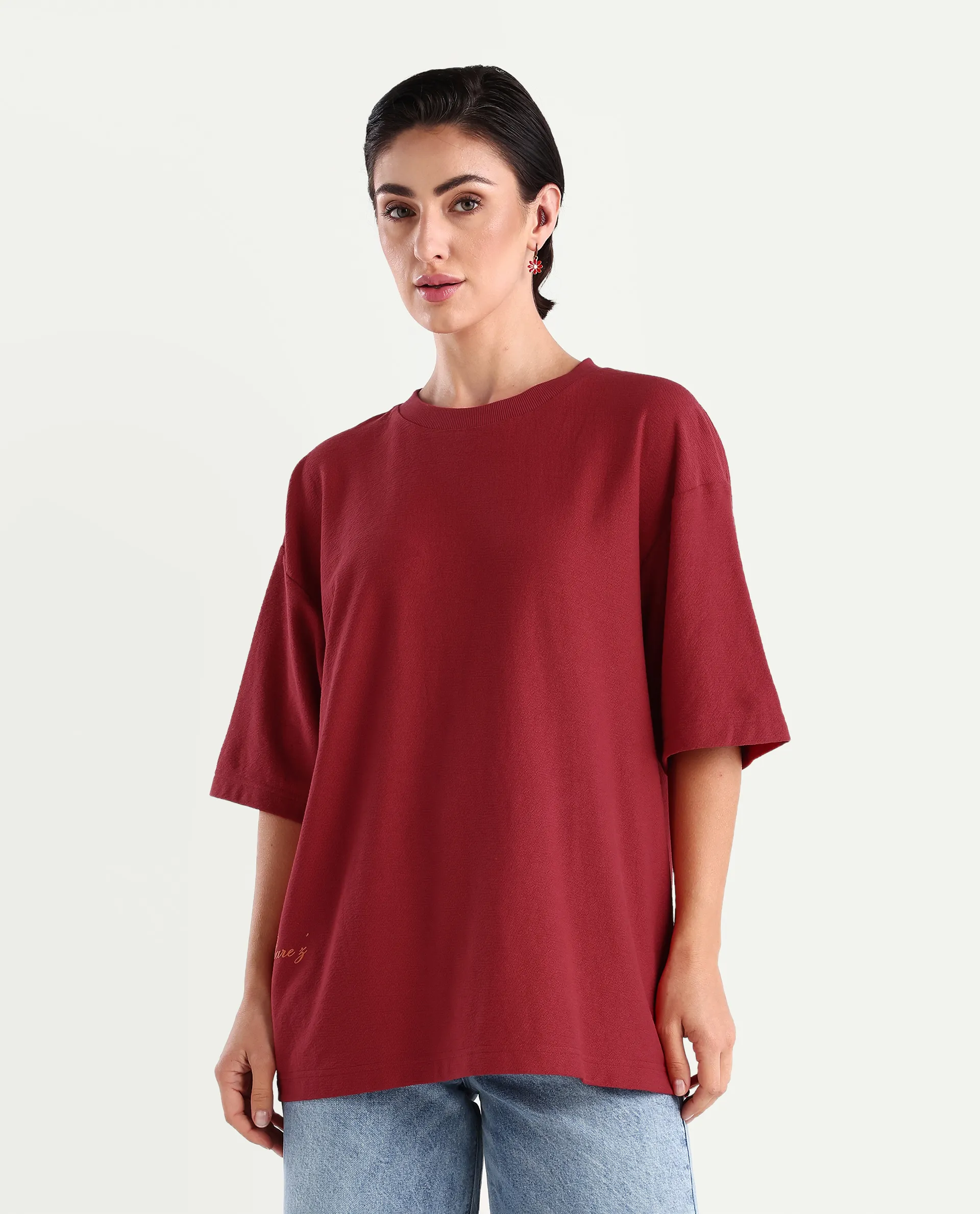 Rareism Women's Wahre Red Cotton Graphic Print Oversized T-Shirt - Image 3