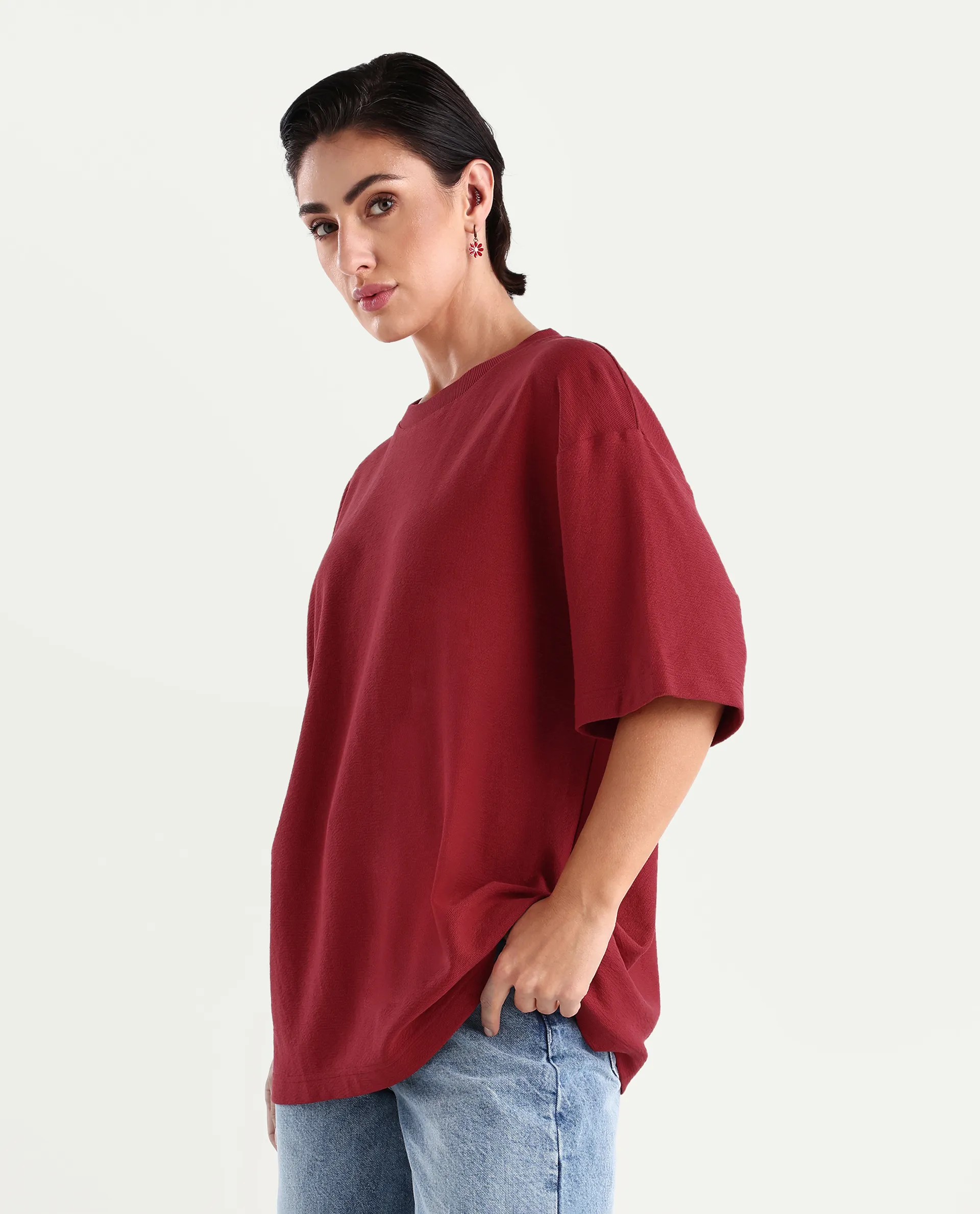 Rareism Women's Wahre Red Cotton Graphic Print Oversized T-Shirt - Image 5