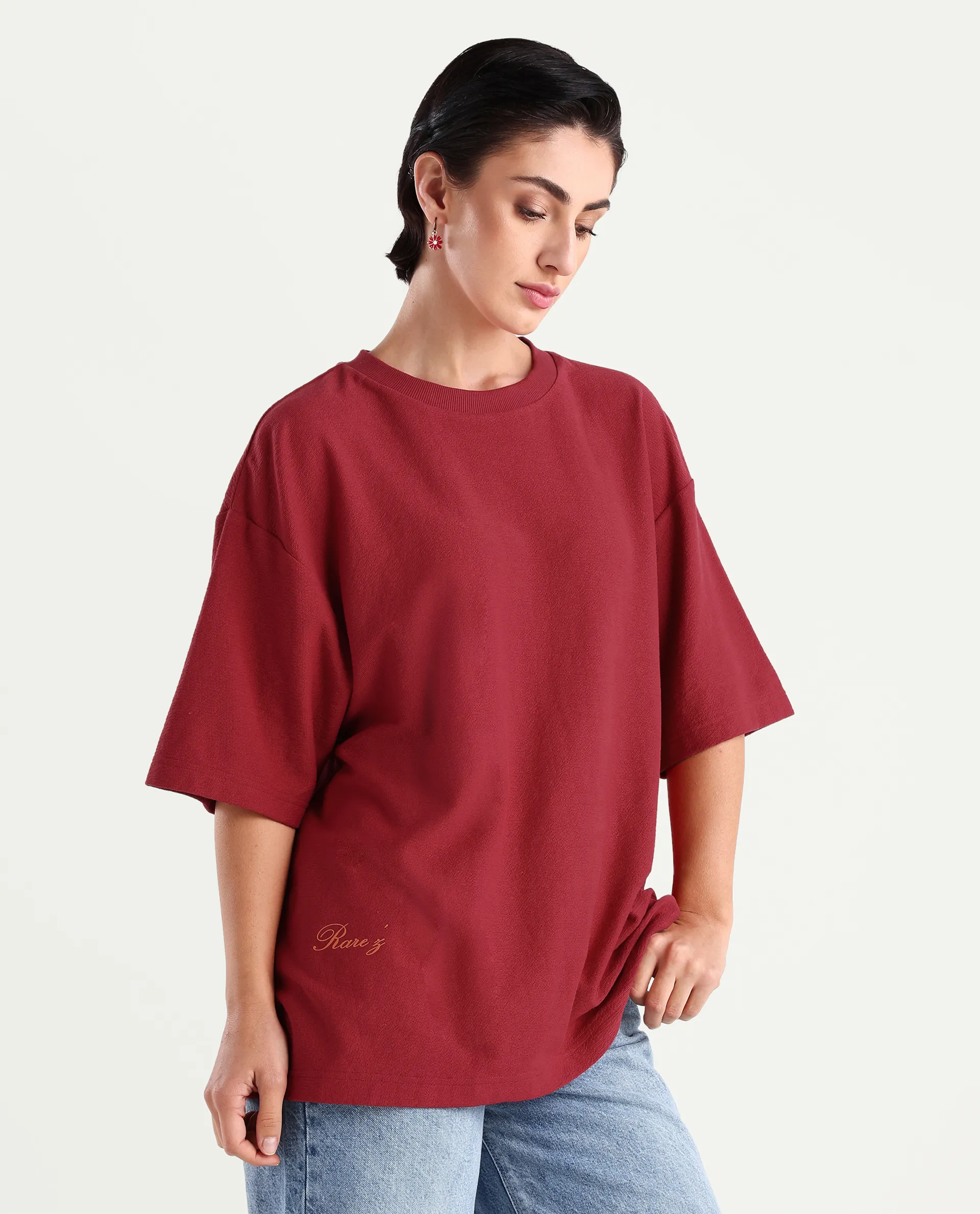 Rareism Women's Wahre Red Cotton Graphic Print Oversized T-Shirt - Image 6
