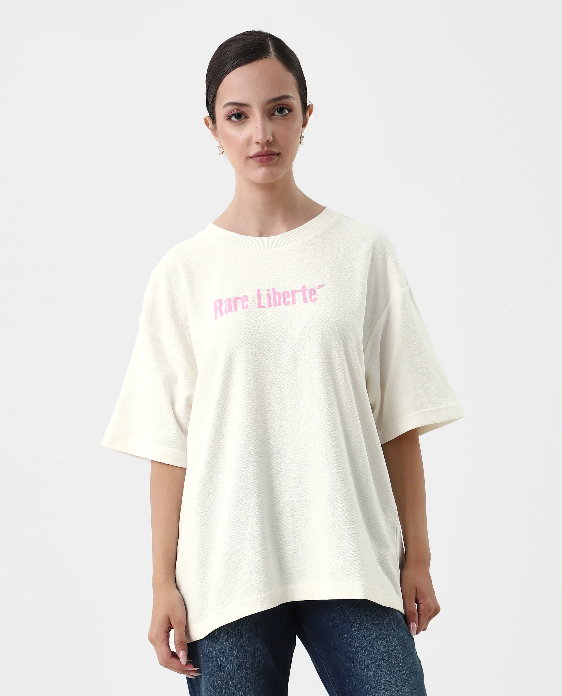 Rareism Women's Wahre Off White Cotton Crew Neck Graphic Print Oversized T-Shirt - Image 2