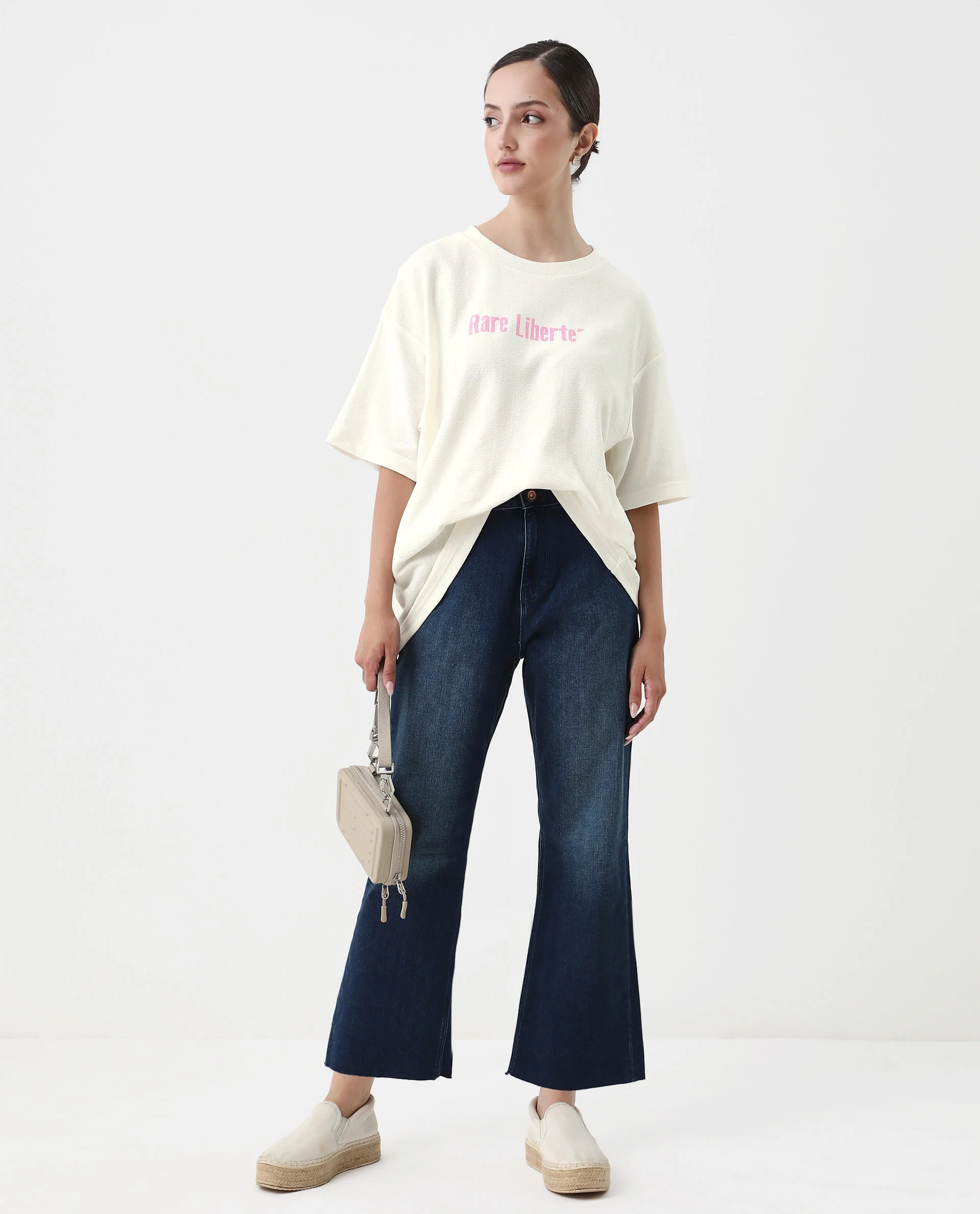 Rareism Women's Wahre Off White Cotton Crew Neck Graphic Print Oversized T-Shirt - Image 6
