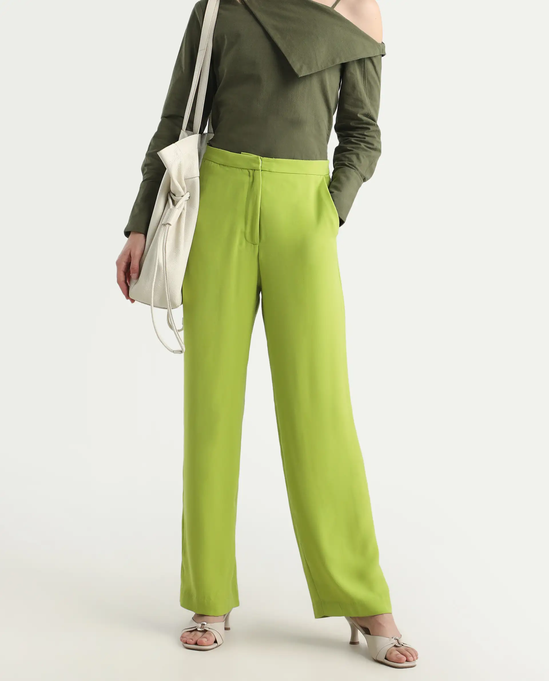 Rareism Women's Waif Green Polyester Blend Plain Ankle Length Straight Fit Trouser - Image 2