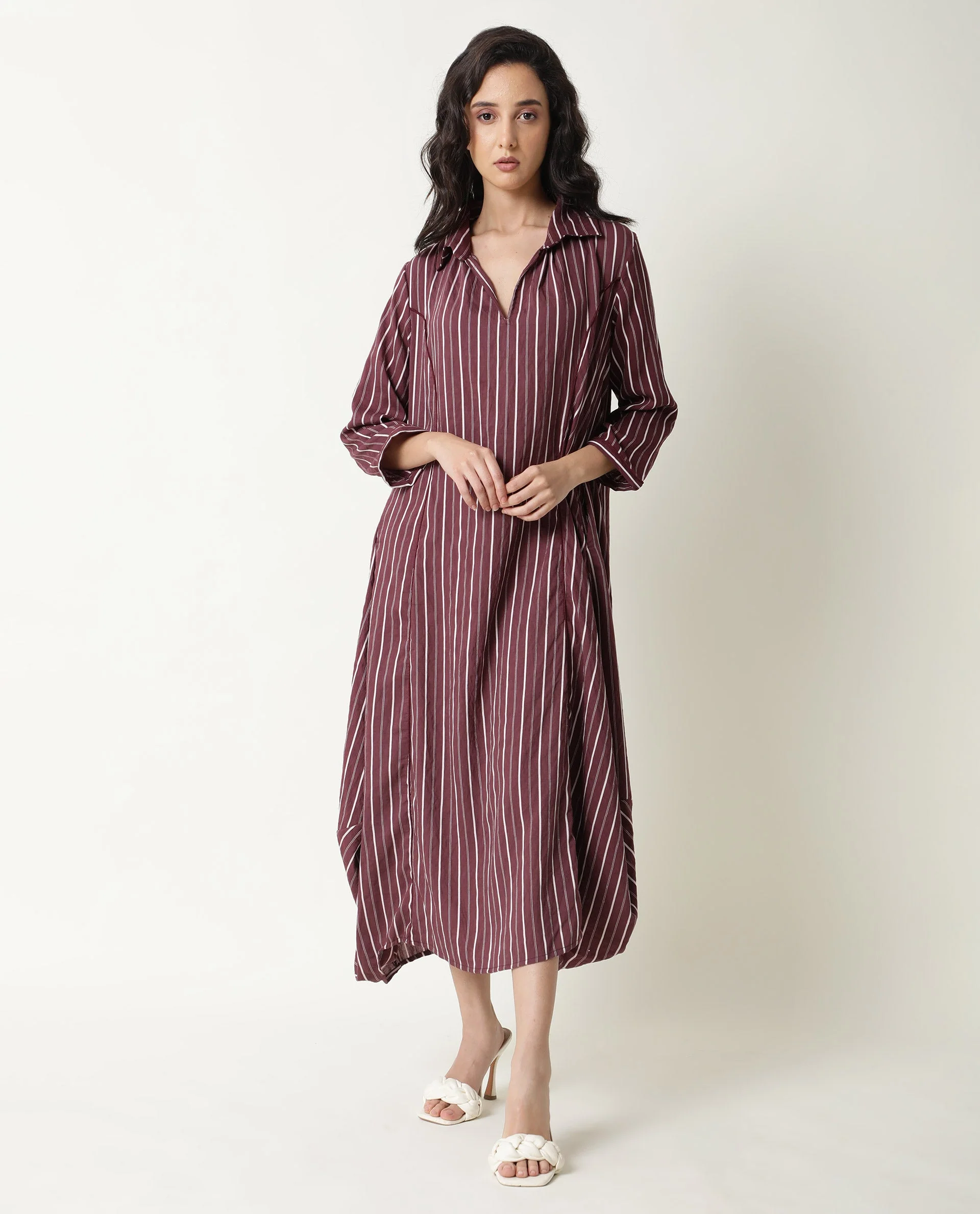Rareism Women's Wakanda Maroon Spread Collar Striped Knee Length Regular Fit Dress