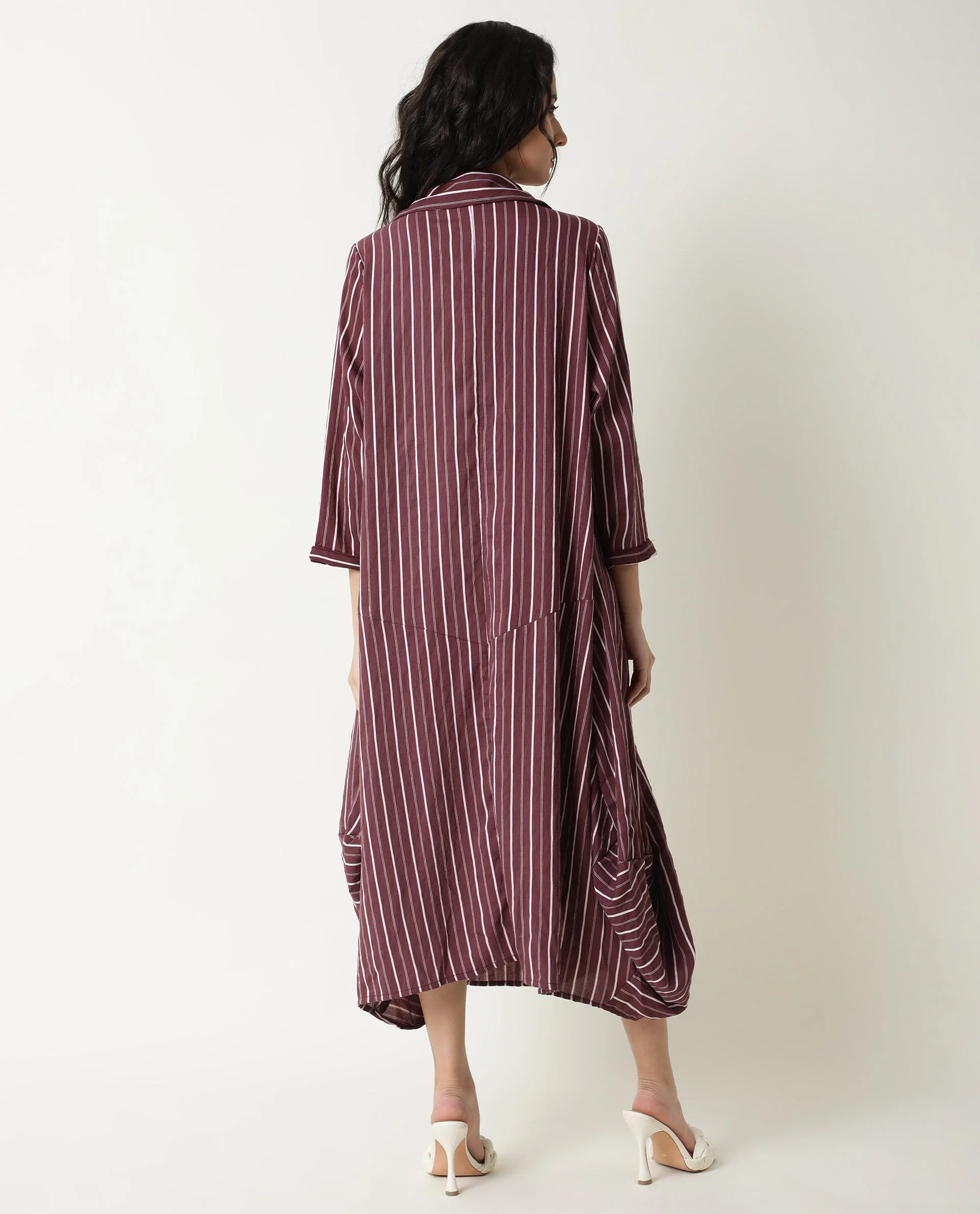Rareism Women's Wakanda Maroon Spread Collar Striped Knee Length Regular Fit Dress - Image 10