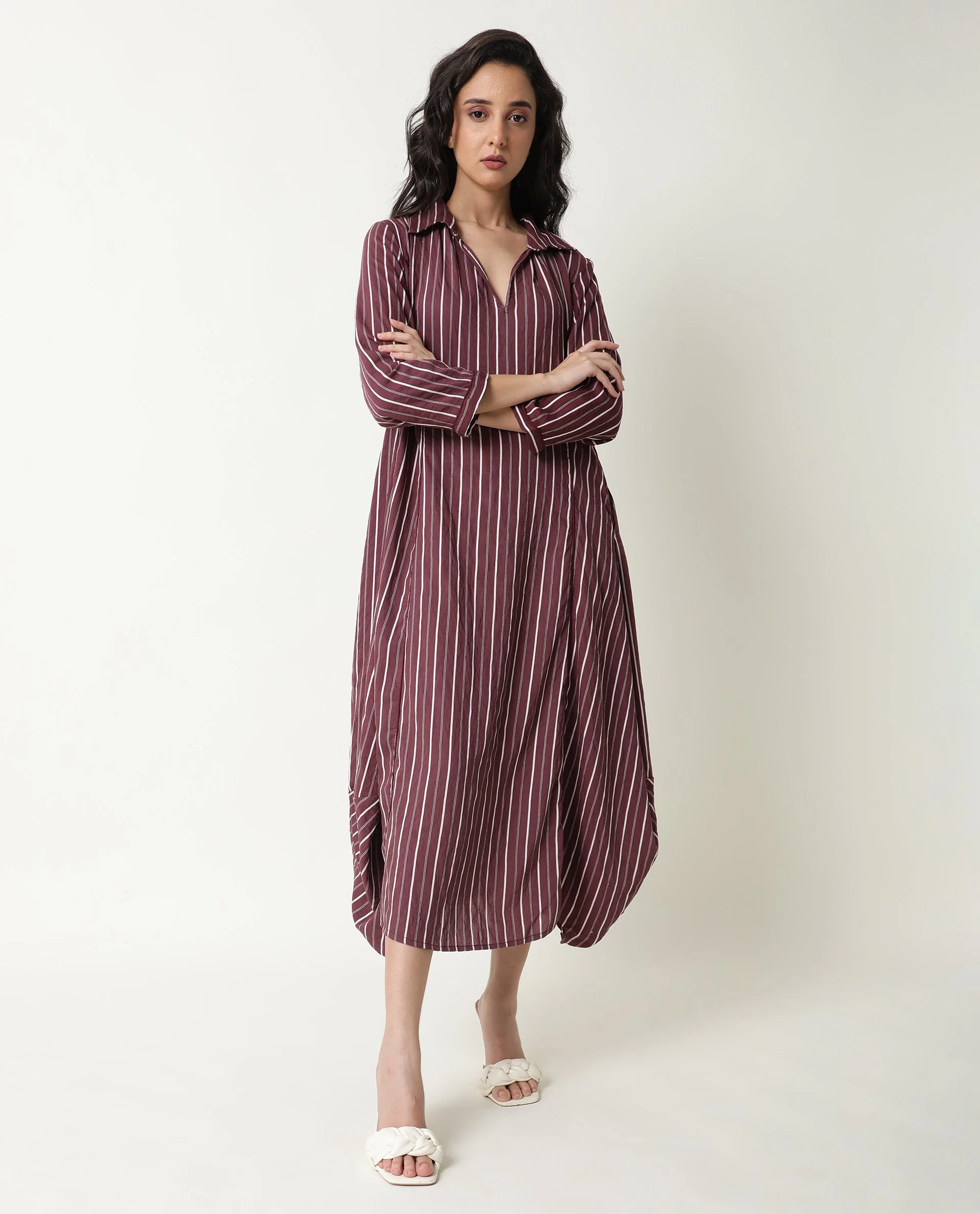 Rareism Women's Wakanda Maroon Spread Collar Striped Knee Length Regular Fit Dress - Image 11