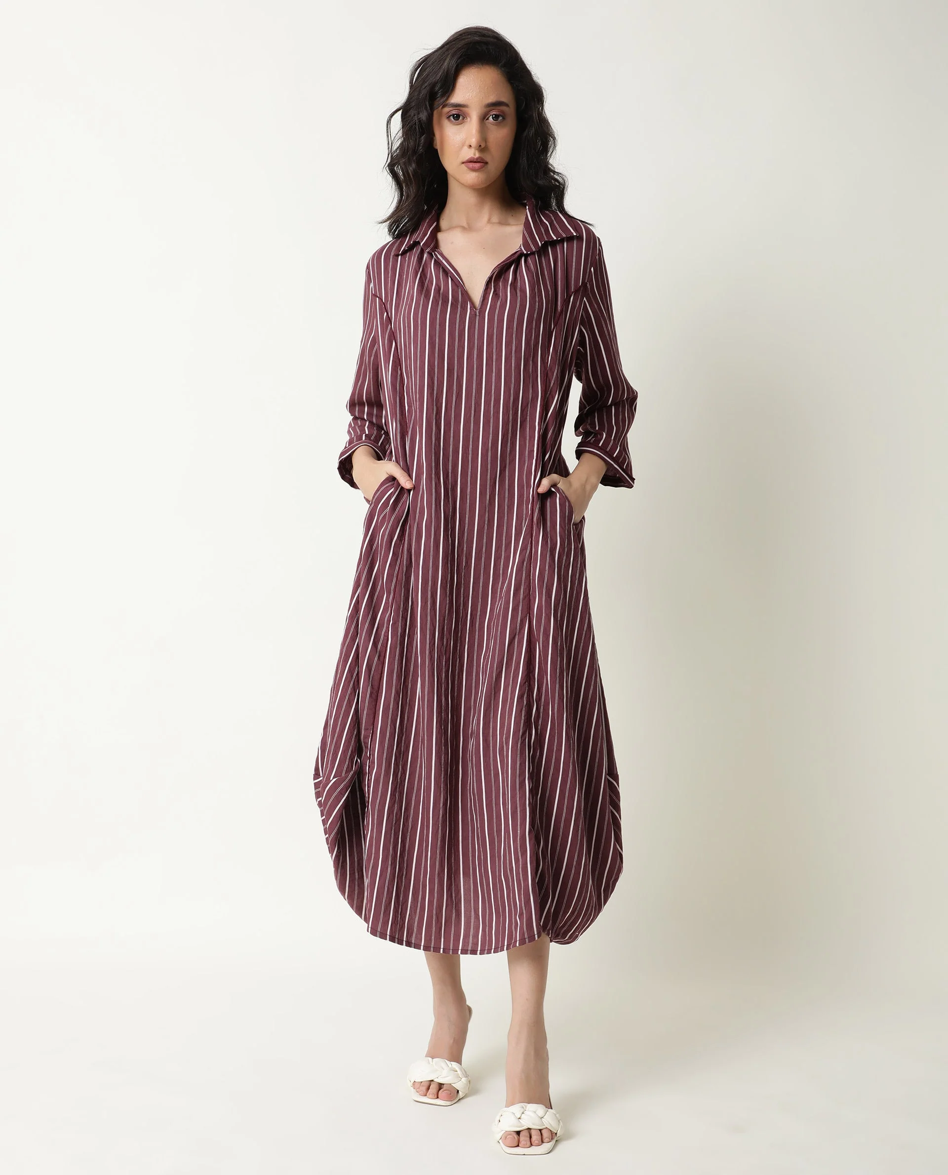 Rareism Women's Wakanda Maroon Spread Collar Striped Knee Length Regular Fit Dress - Image 2