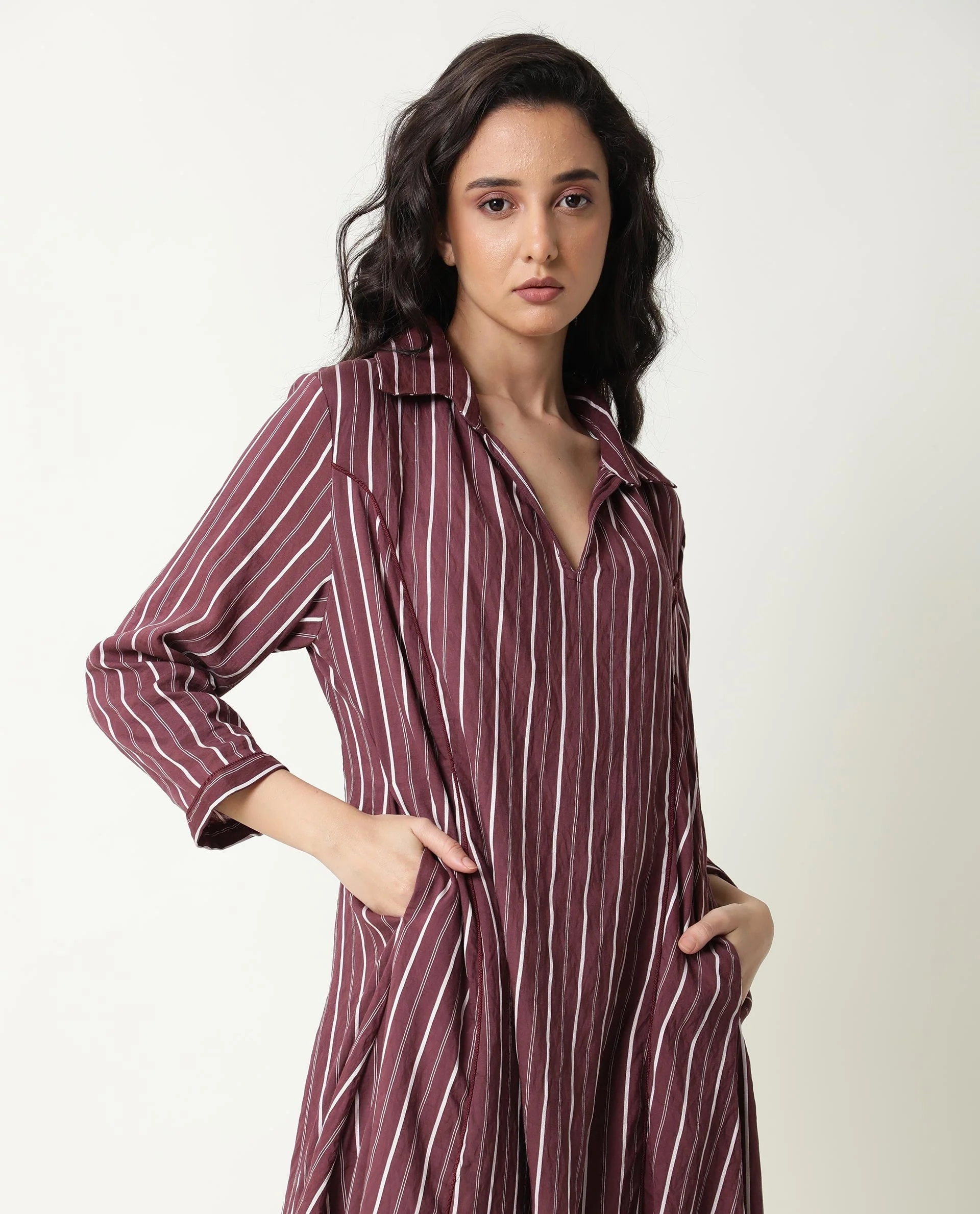 Rareism Women's Wakanda Maroon Spread Collar Striped Knee Length Regular Fit Dress - Image 3