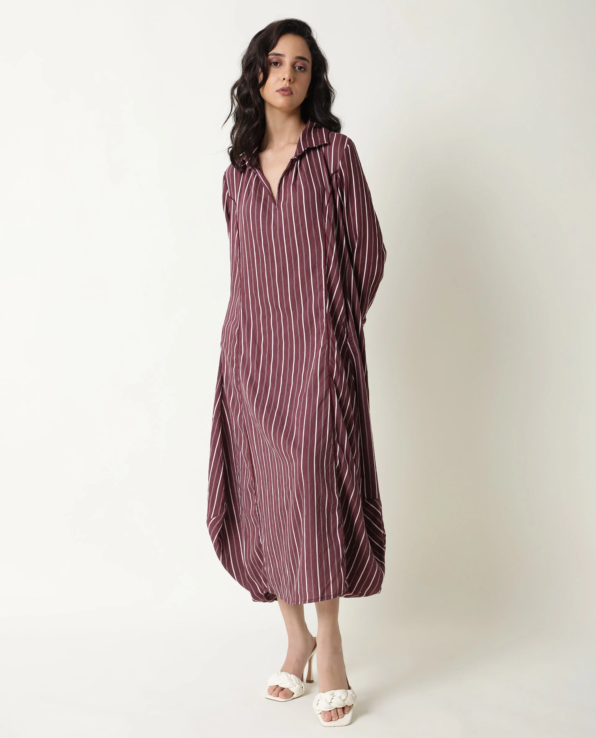 Rareism Women's Wakanda Maroon Spread Collar Striped Knee Length Regular Fit Dress - Image 4
