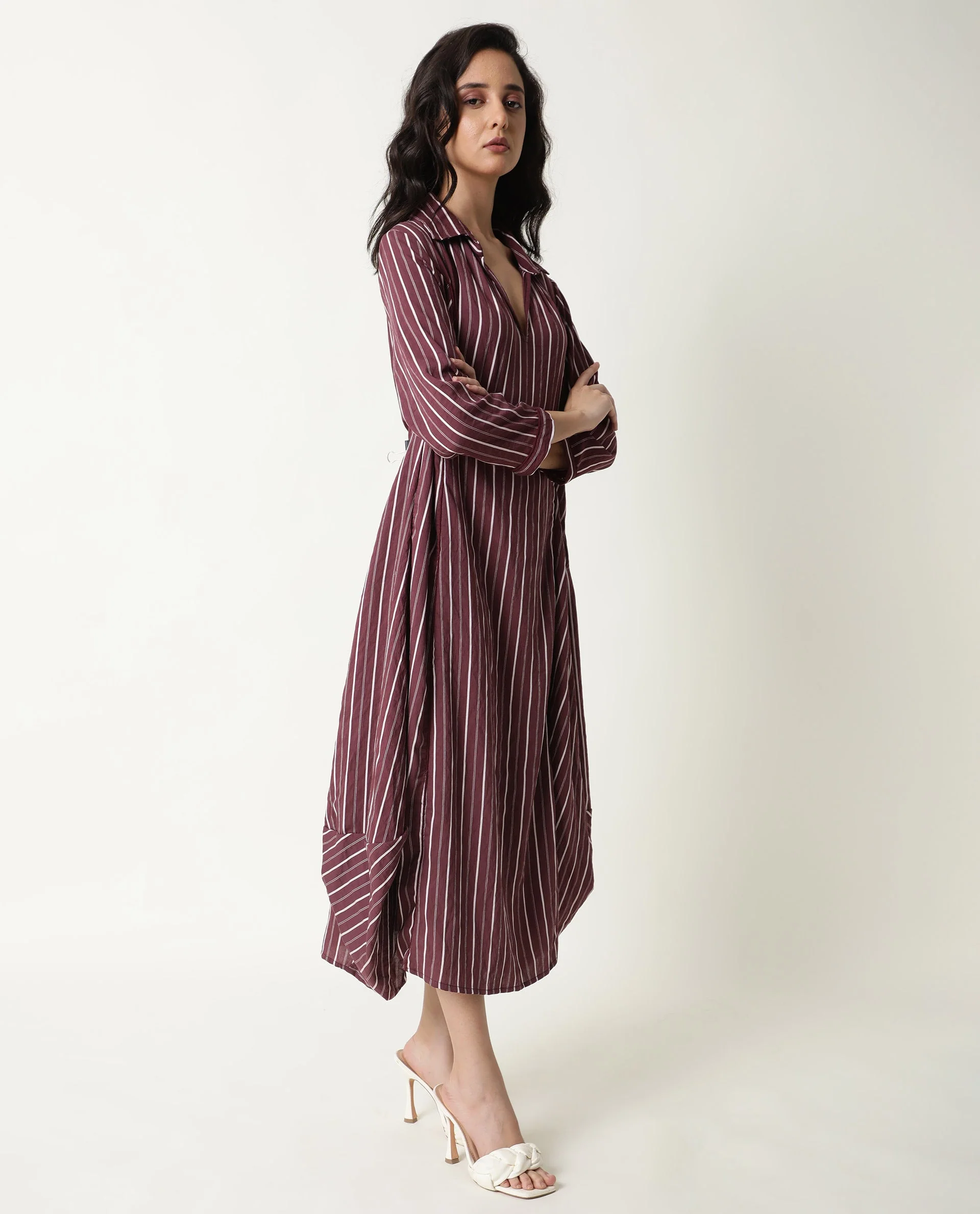 Rareism Women's Wakanda Maroon Spread Collar Striped Knee Length Regular Fit Dress - Image 5
