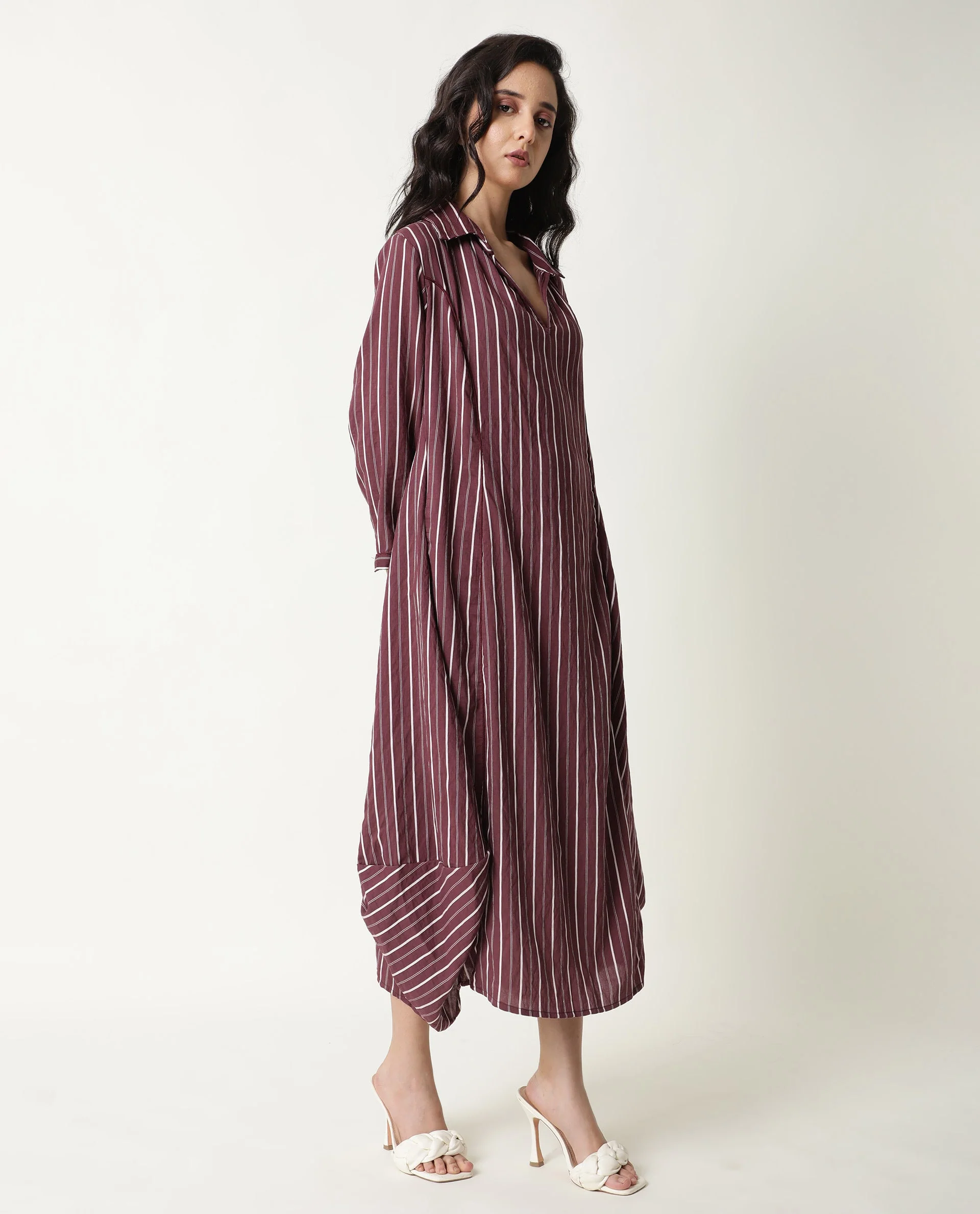 Rareism Women's Wakanda Maroon Spread Collar Striped Knee Length Regular Fit Dress - Image 6