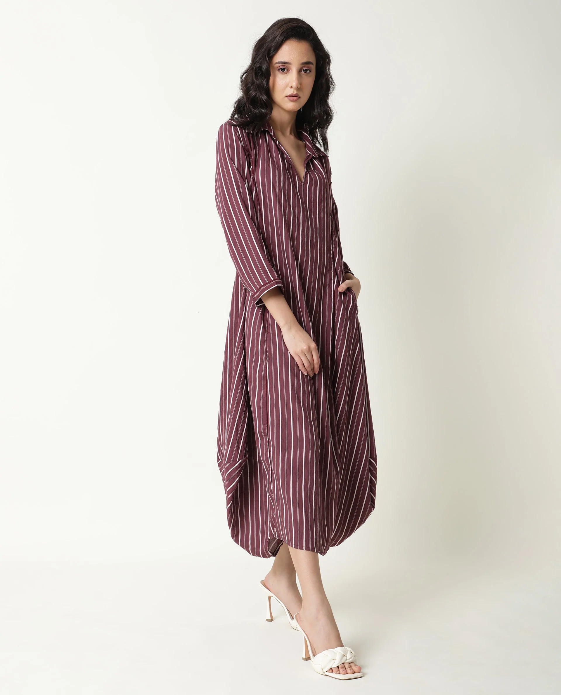 Rareism Women's Wakanda Maroon Spread Collar Striped Knee Length Regular Fit Dress - Image 7
