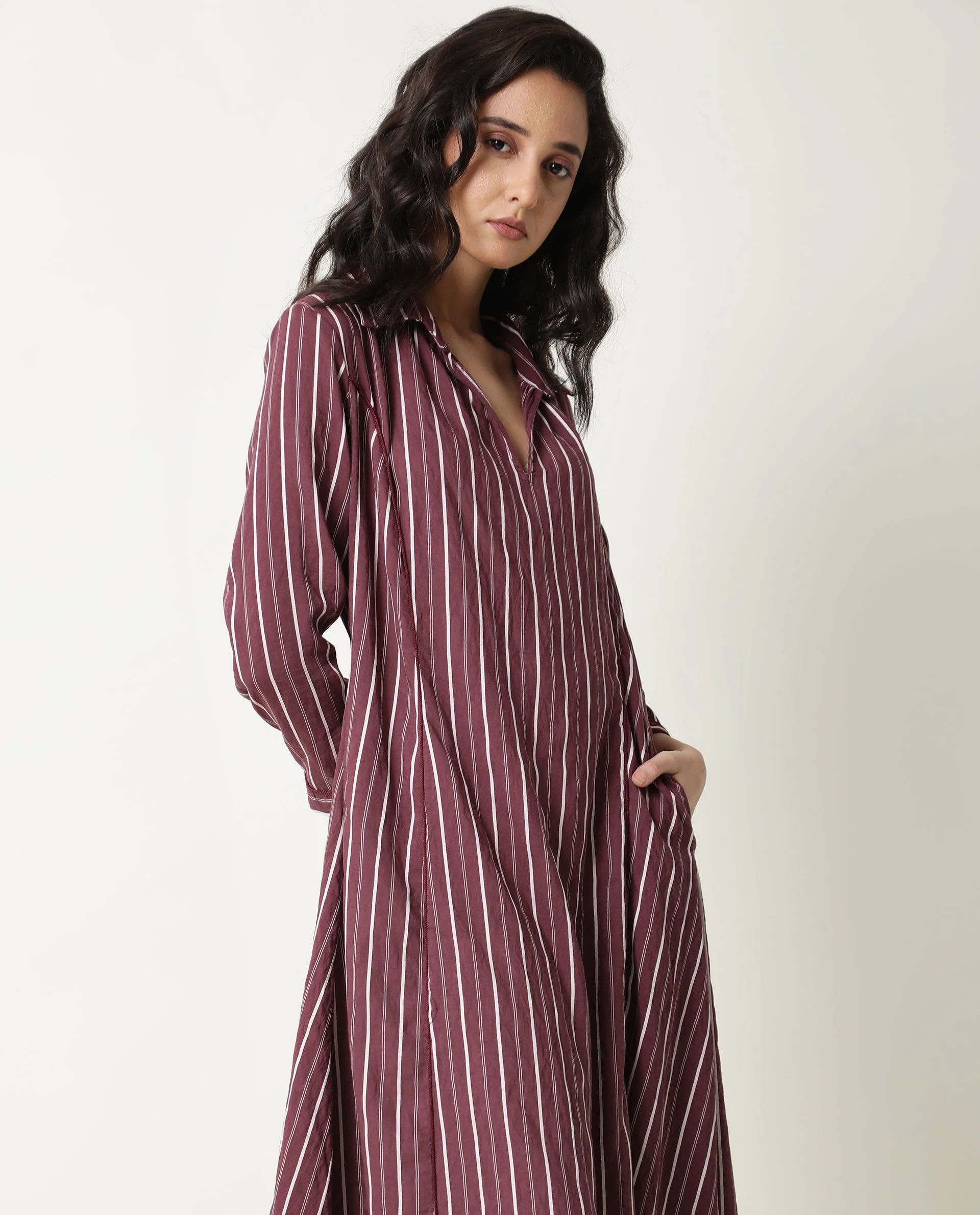 Rareism Women's Wakanda Maroon Spread Collar Striped Knee Length Regular Fit Dress - Image 8