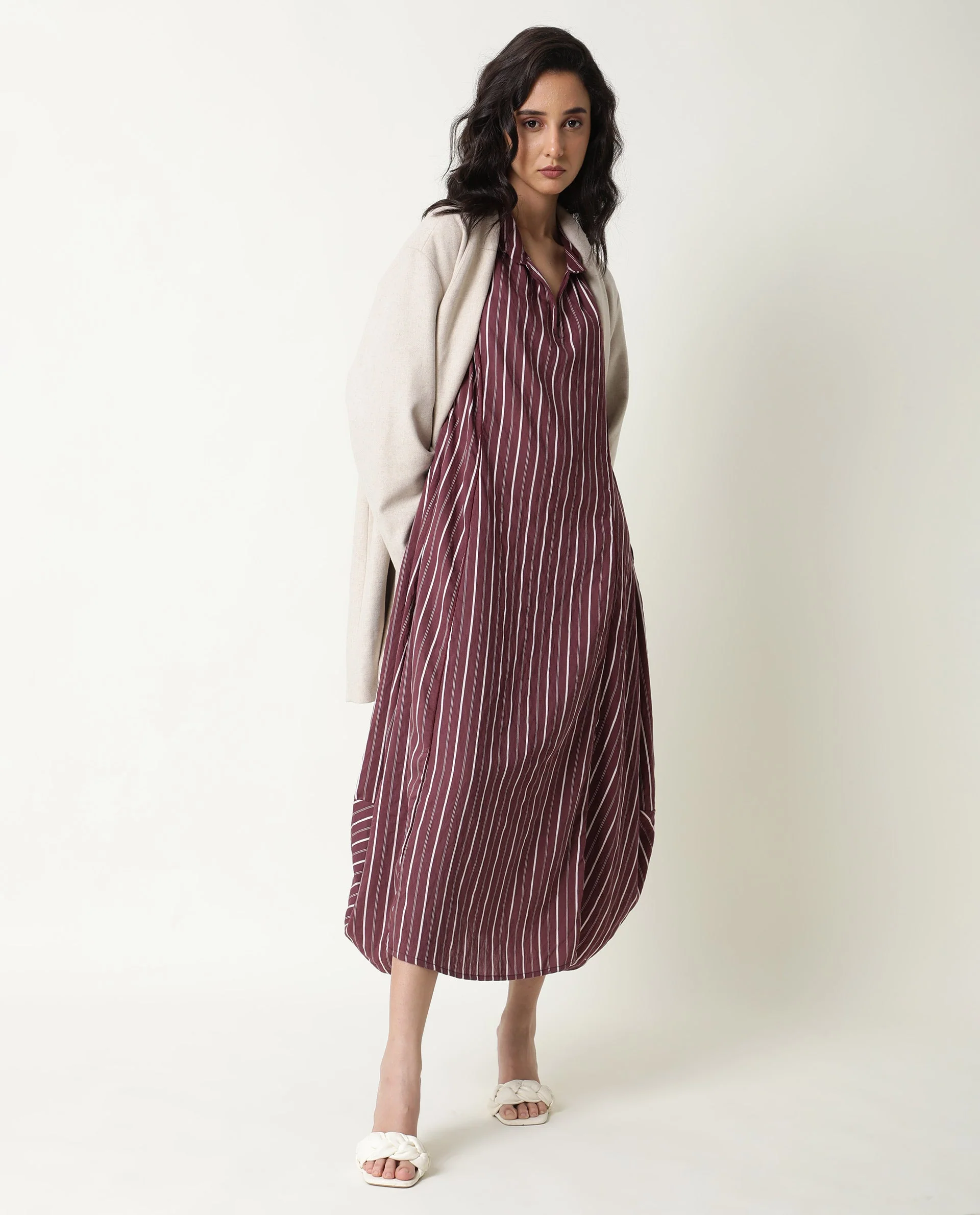 Rareism Women's Wakanda Maroon Spread Collar Striped Knee Length Regular Fit Dress - Image 9