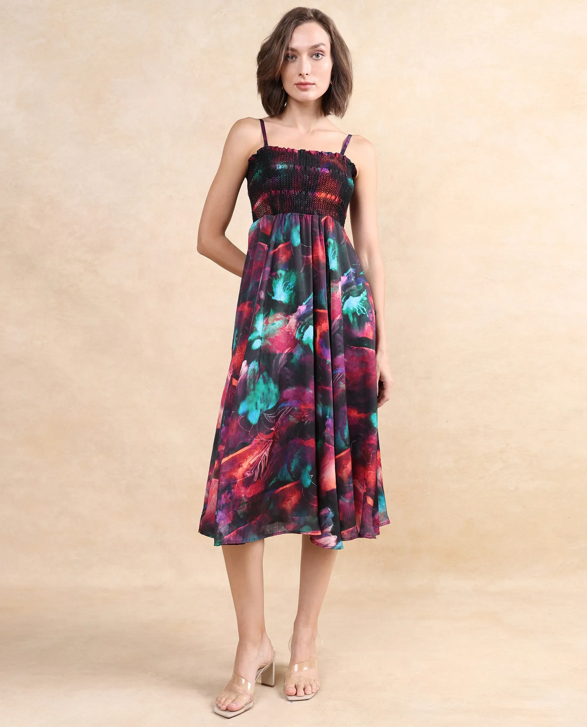 Rareism Women's Walbania Dark Multi Satin Tube Neck Floral Print Sleeveless Midi Fit And Flare Dress - Image 3