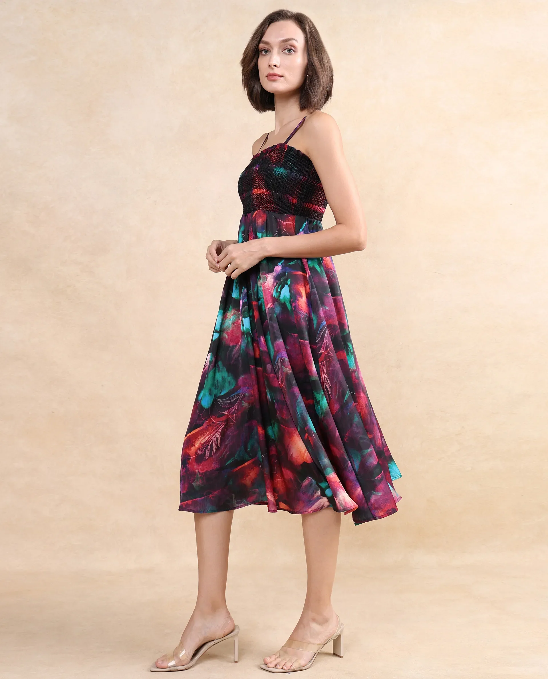 Rareism Women's Walbania Dark Multi Satin Tube Neck Floral Print Sleeveless Midi Fit And Flare Dress - Image 4