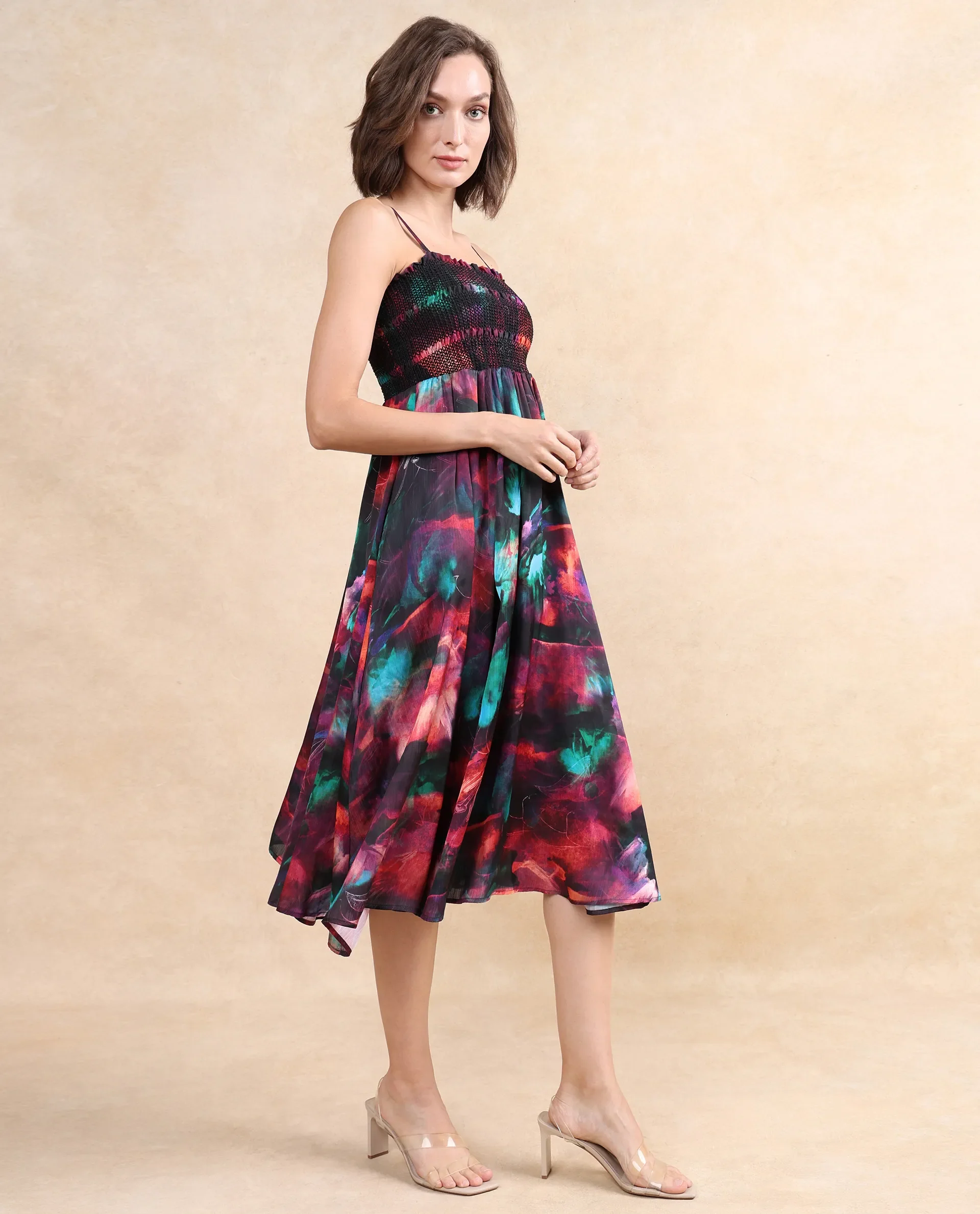 Rareism Women's Walbania Dark Multi Satin Tube Neck Floral Print Sleeveless Midi Fit And Flare Dress - Image 5