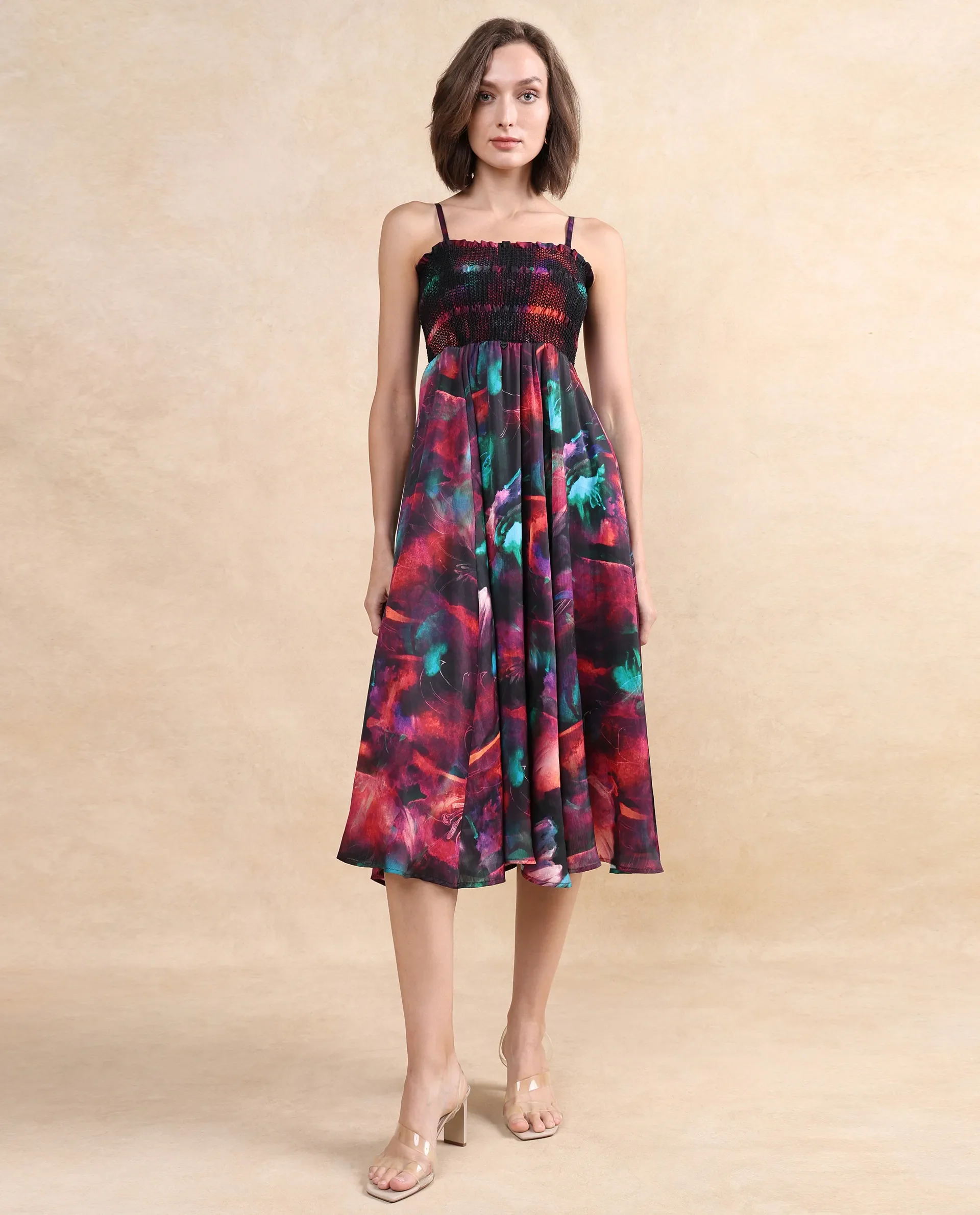 Rareism Women's Walbania Dark Multi Satin Tube Neck Floral Print Sleeveless Midi Fit And Flare Dress - Image 6