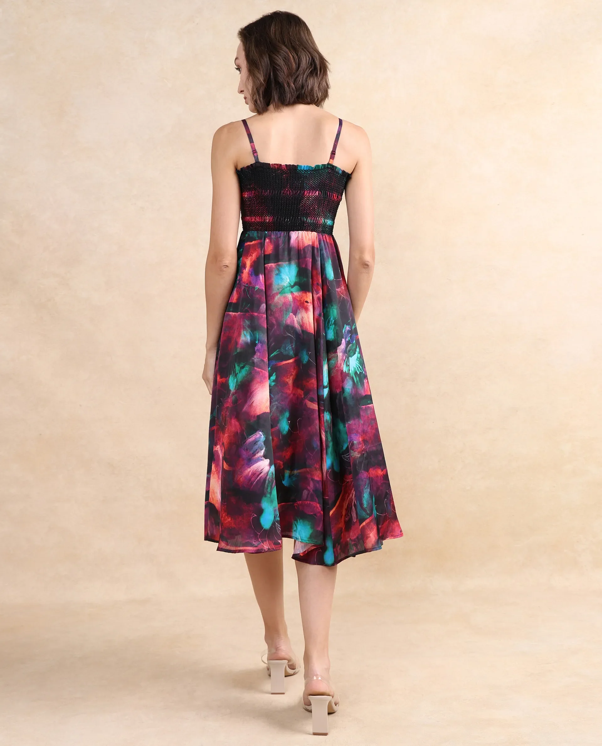 Rareism Women's Walbania Dark Multi Satin Tube Neck Floral Print Sleeveless Midi Fit And Flare Dress - Image 7