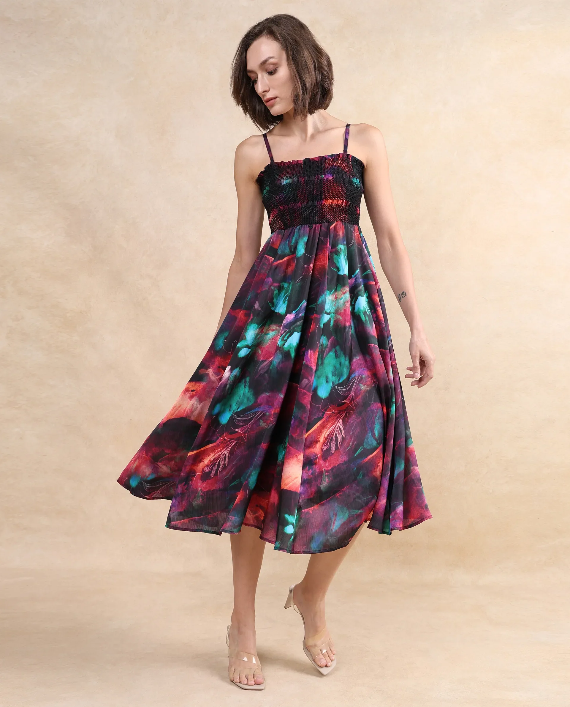 Rareism Women's Walbania Dark Multi Satin Tube Neck Floral Print Sleeveless Midi Fit And Flare Dress - Image 8