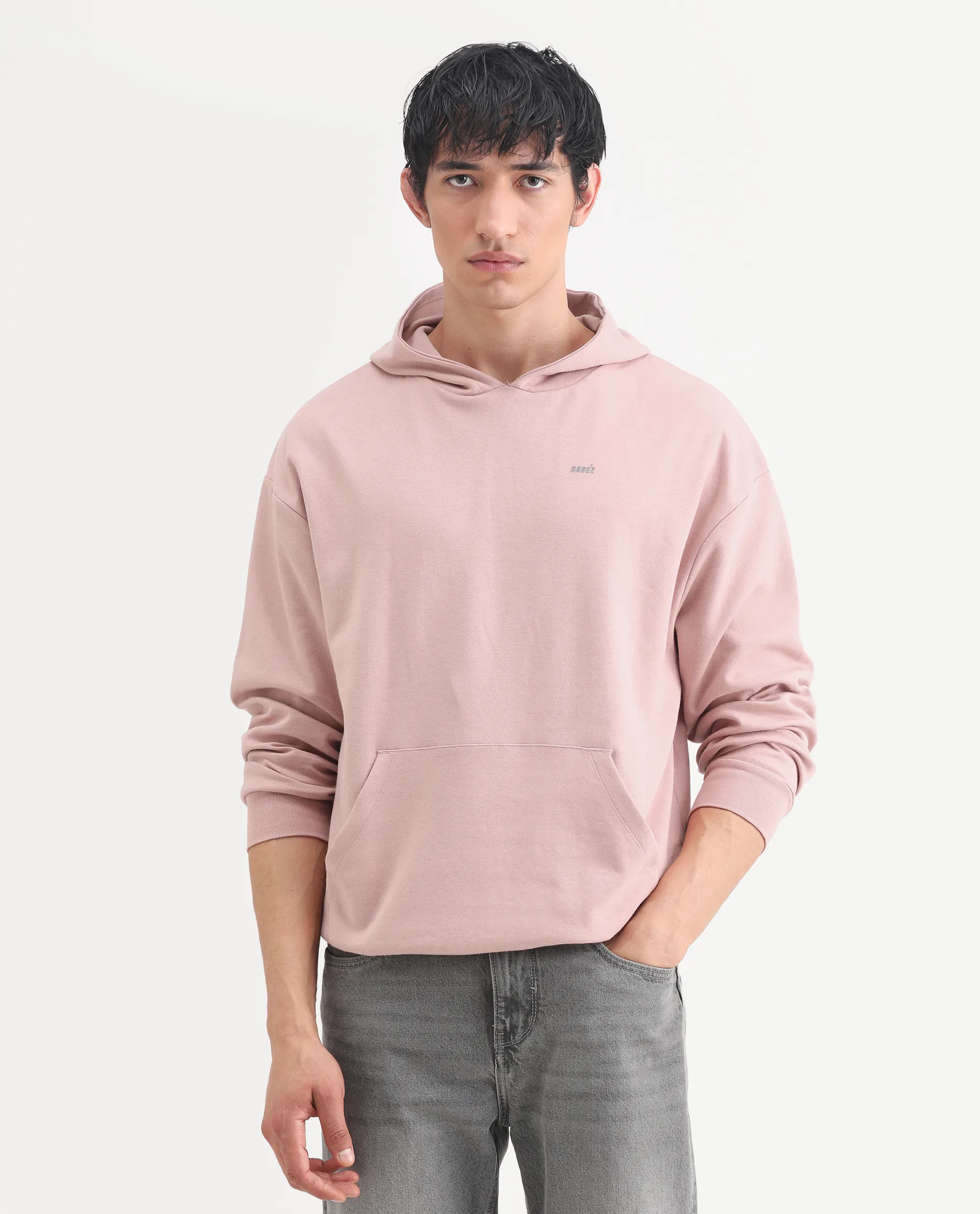 Rare Rabbit Men's Wale Dusky Pink Cotton Blend Graphic Print Boxy Fit Full Sleeve Hooded Sweatshirt - Image 3
