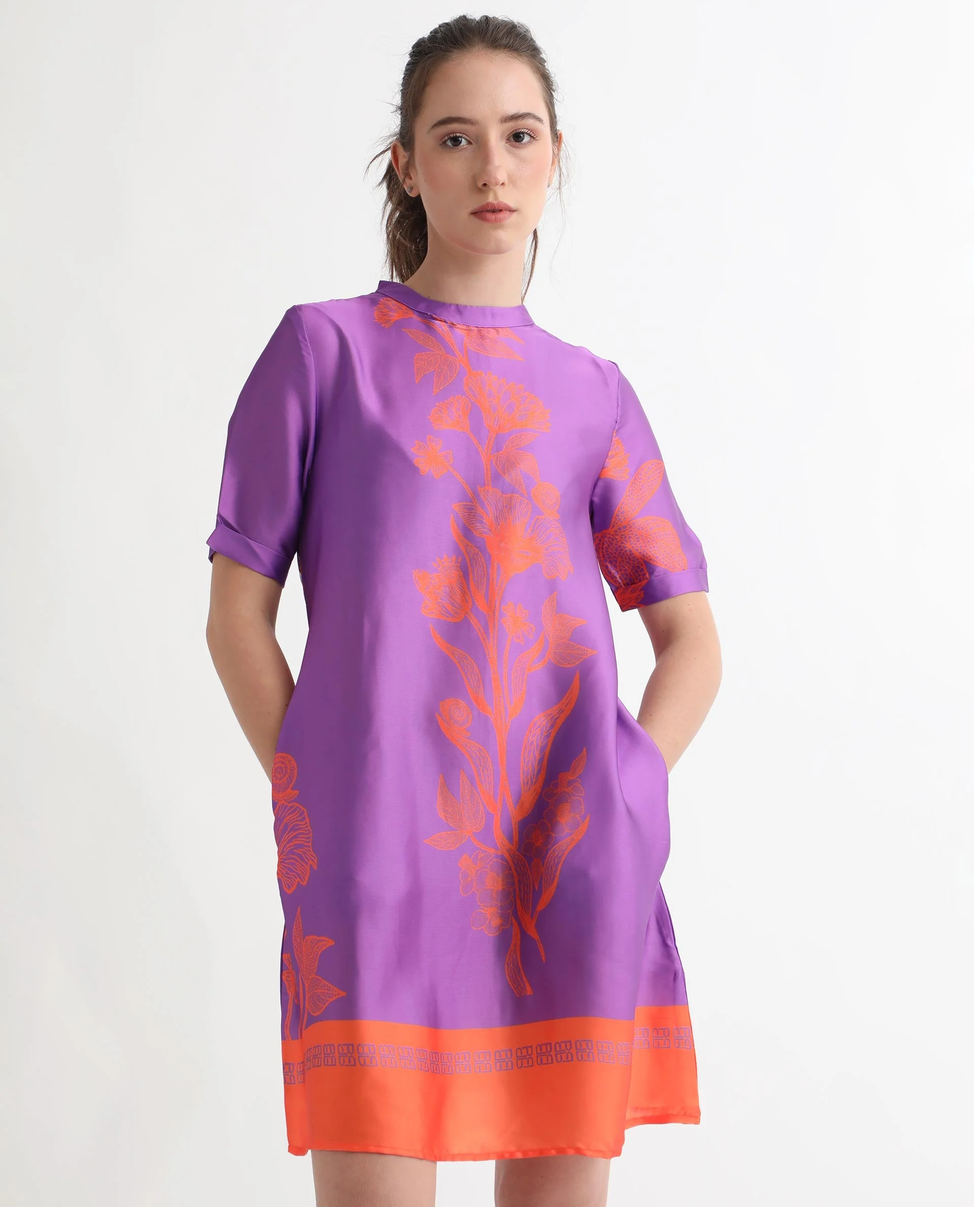 Rareism Women's Walker Purple Polyester High Neck Floral Print Mini Regular Fit Dress