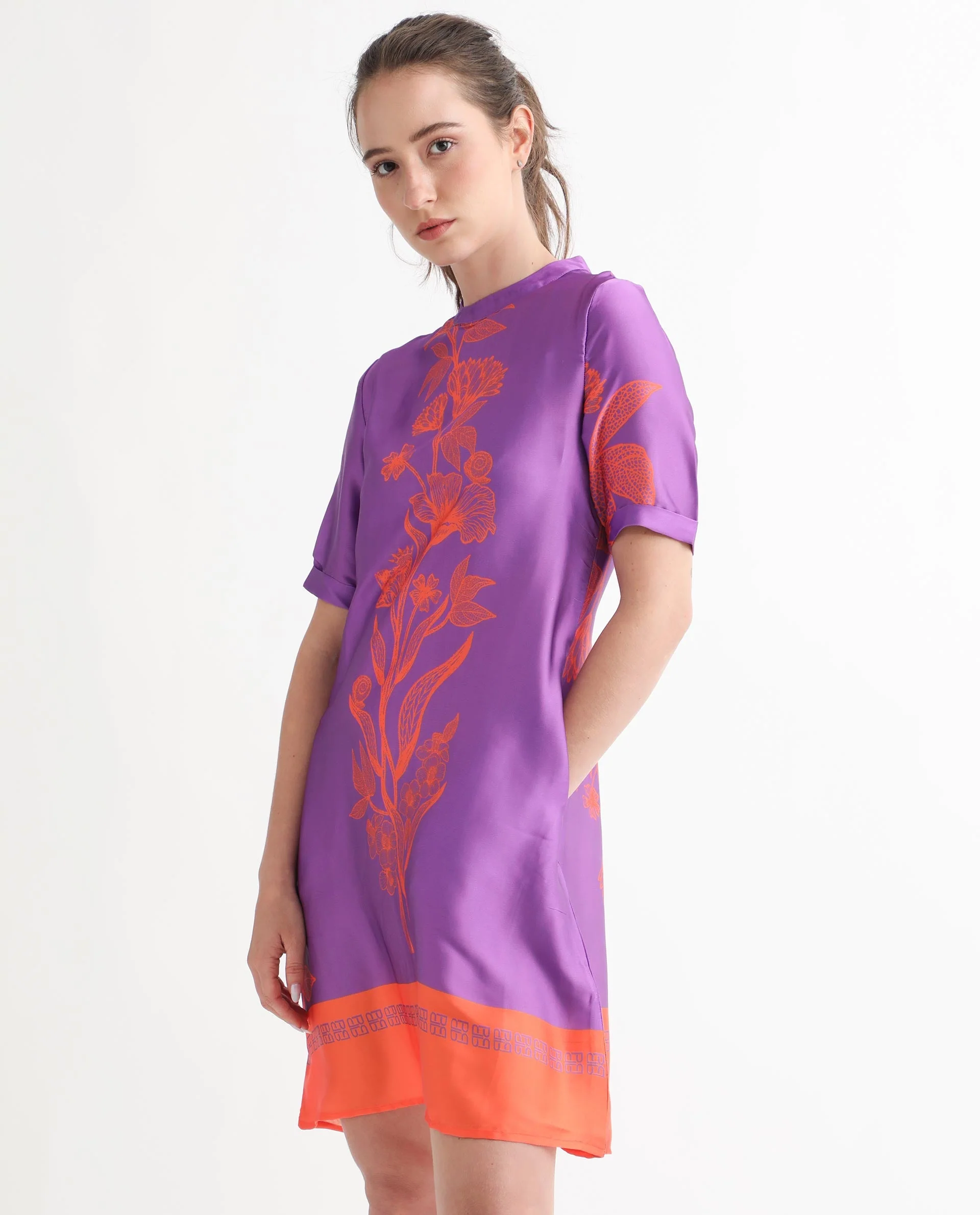 Rareism Women's Walker Purple Polyester High Neck Floral Print Mini Regular Fit Dress - Image 2