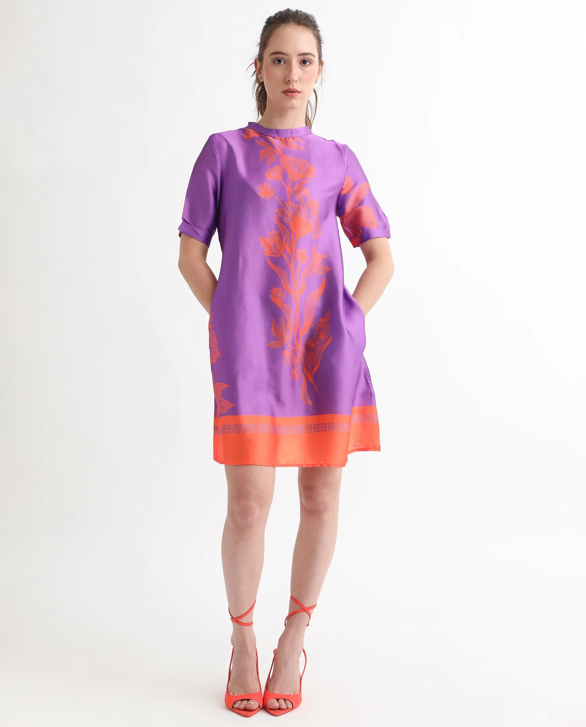 Rareism Women's Walker Purple Polyester High Neck Floral Print Mini Regular Fit Dress - Image 3