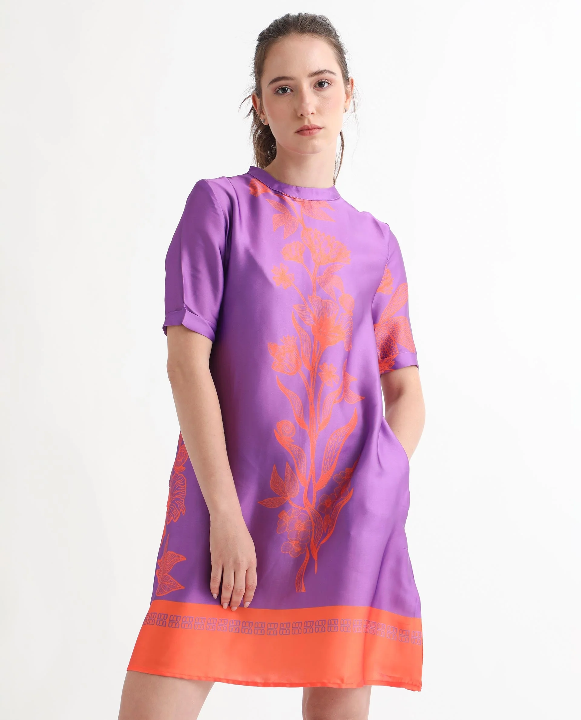 Rareism Women's Walker Purple Polyester High Neck Floral Print Mini Regular Fit Dress - Image 5