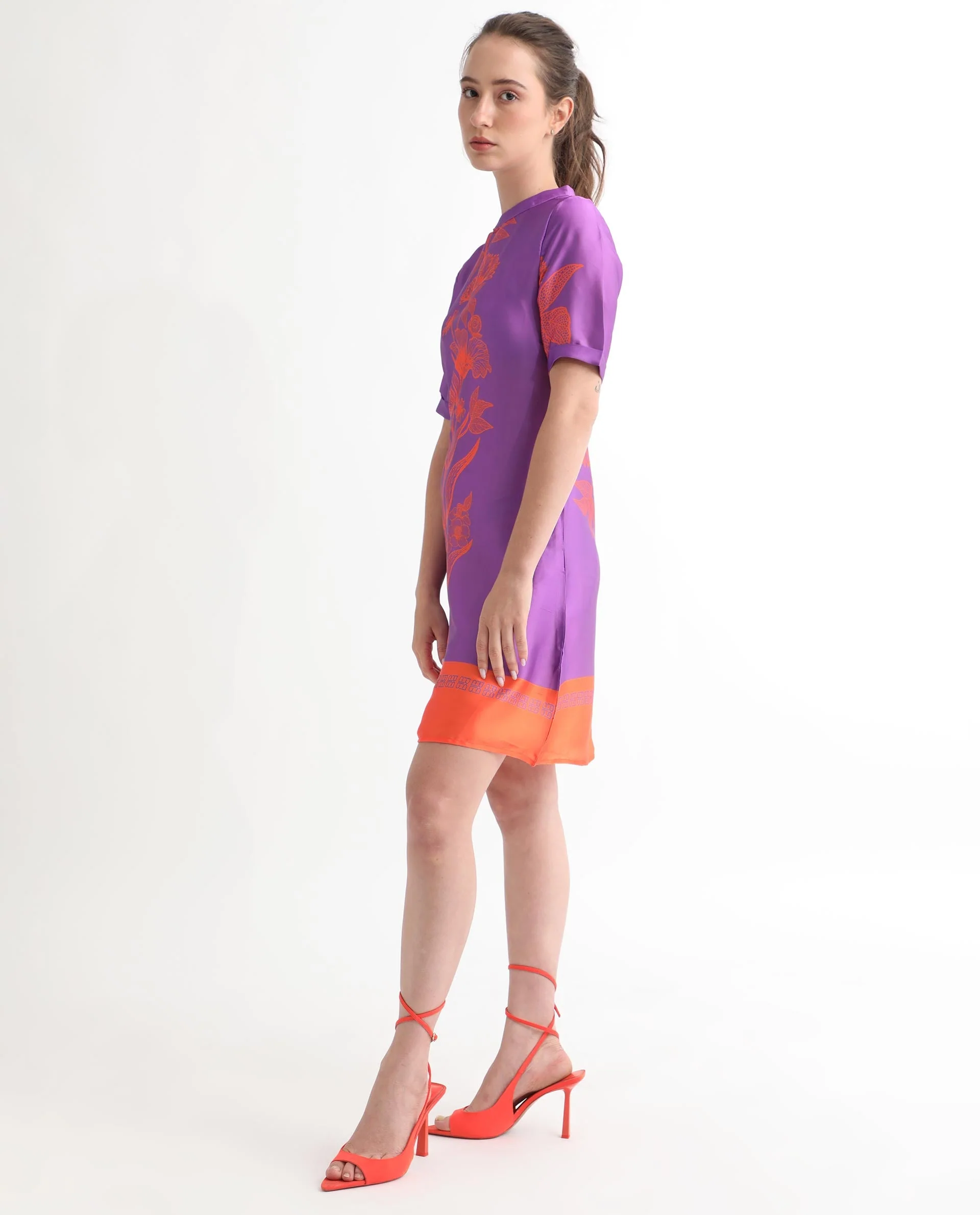 Rareism Women's Walker Purple Polyester High Neck Floral Print Mini Regular Fit Dress - Image 6